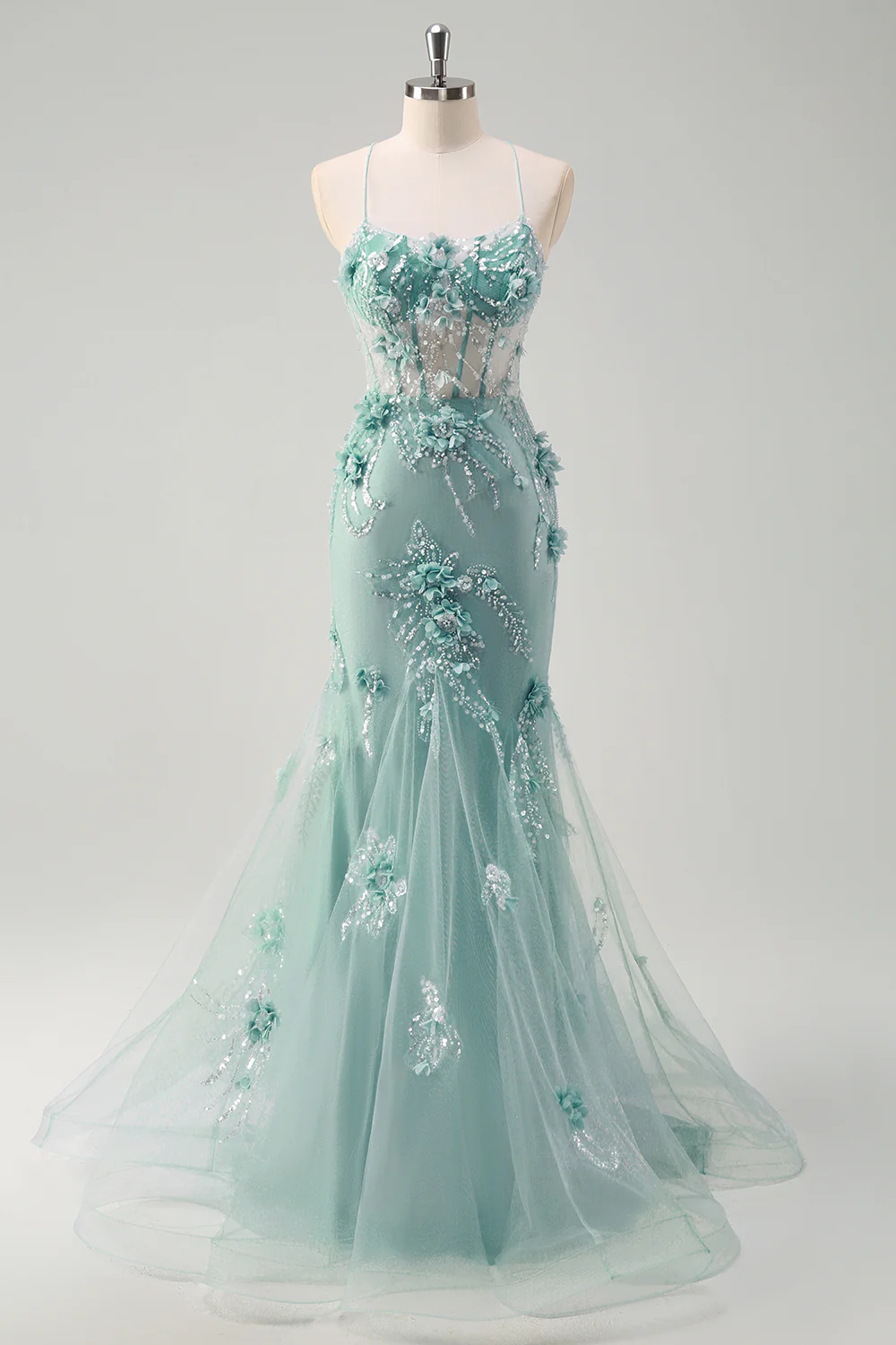 Blue Mermaid Spaghetti Straps Tulle Long Corset Prom Dress with 3D Flowers - Image 8