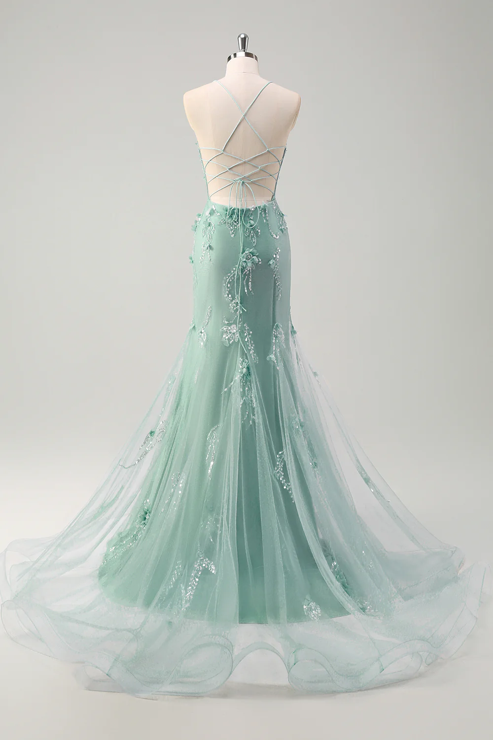 Blue Mermaid Spaghetti Straps Tulle Long Corset Prom Dress with 3D Flowers - Image 9