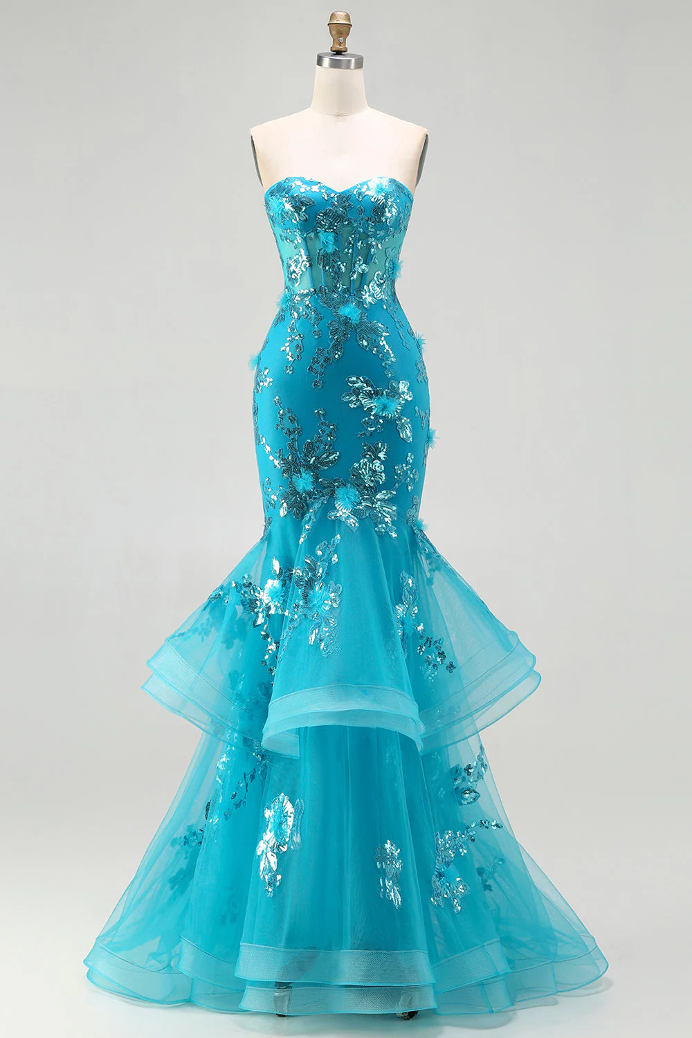 Blue Mermaid Strapless Sequins Corset Ruffled Long Prom Dress with Lace Up Back