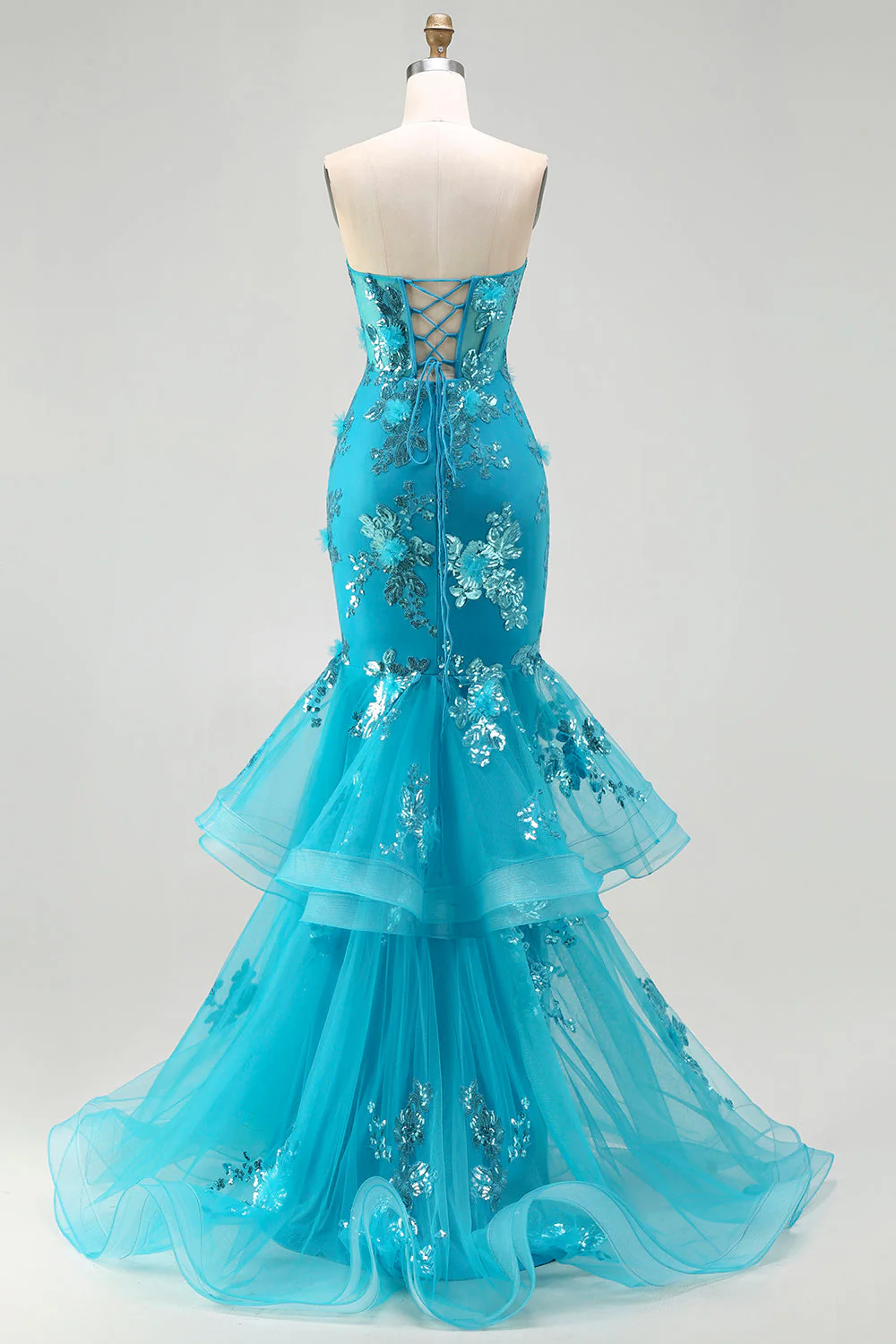 Blue Mermaid Strapless Sequins Corset Ruffled Long Prom Dress with Lace Up Back - Image 2
