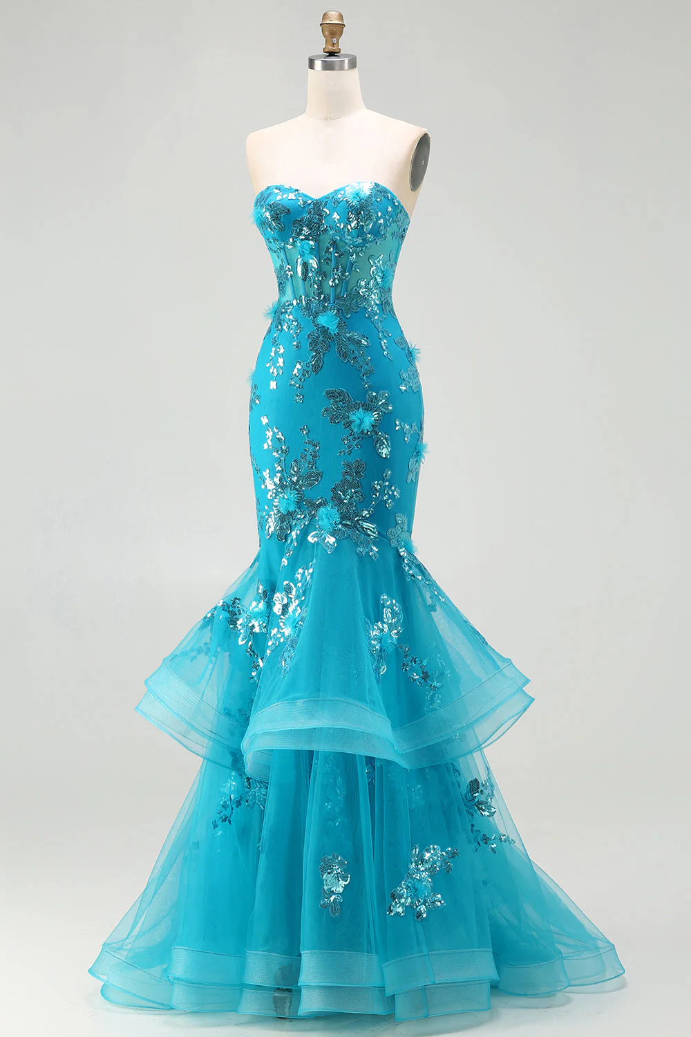Blue Mermaid Strapless Sequins Corset Ruffled Long Prom Dress with Lace Up Back - Image 3