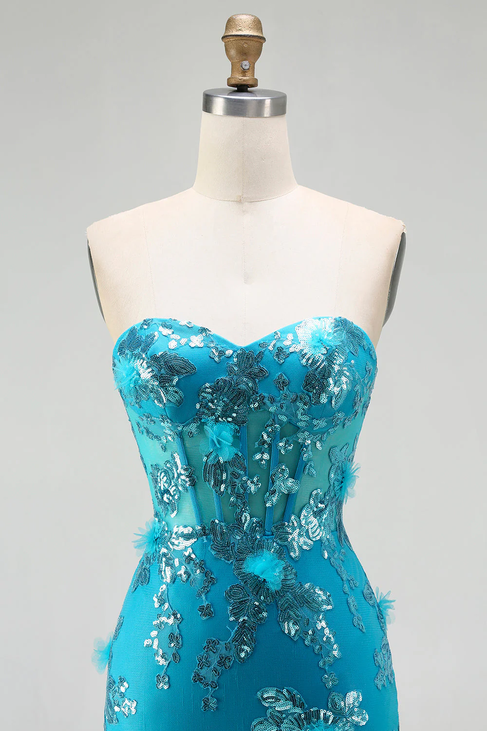 Blue Mermaid Strapless Sequins Corset Ruffled Long Prom Dress with Lace Up Back - Image 4