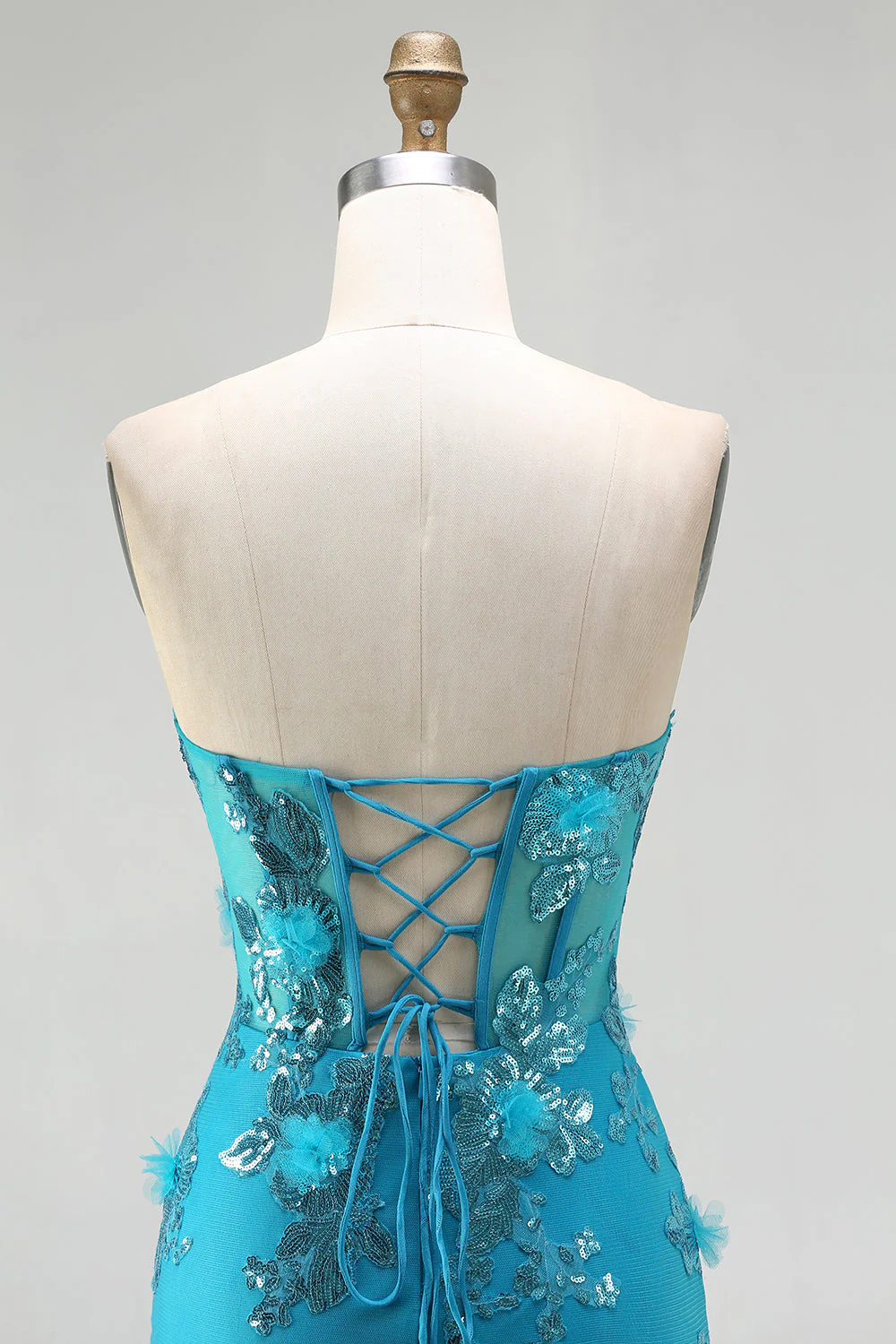 Blue Mermaid Strapless Sequins Corset Ruffled Long Prom Dress with Lace Up Back - Image 5