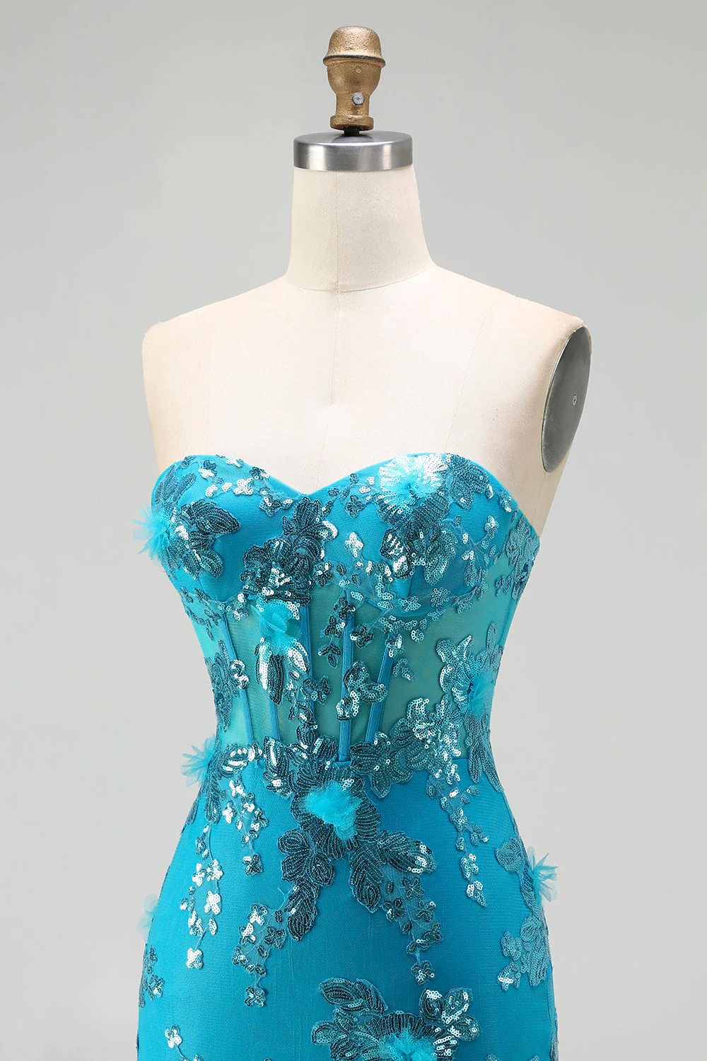 Blue Mermaid Strapless Sequins Corset Ruffled Long Prom Dress with Lace Up Back - Image 6