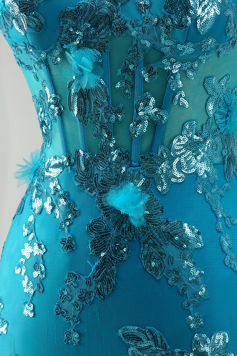 Blue Mermaid Strapless Sequins Corset Ruffled Long Prom Dress with Lace Up Back - Image 7