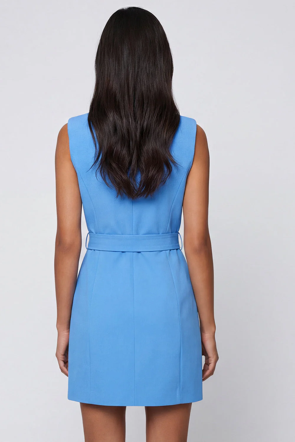 Blue Notched Lapel Sleeveless Short Work Dress with Belt - Image 2