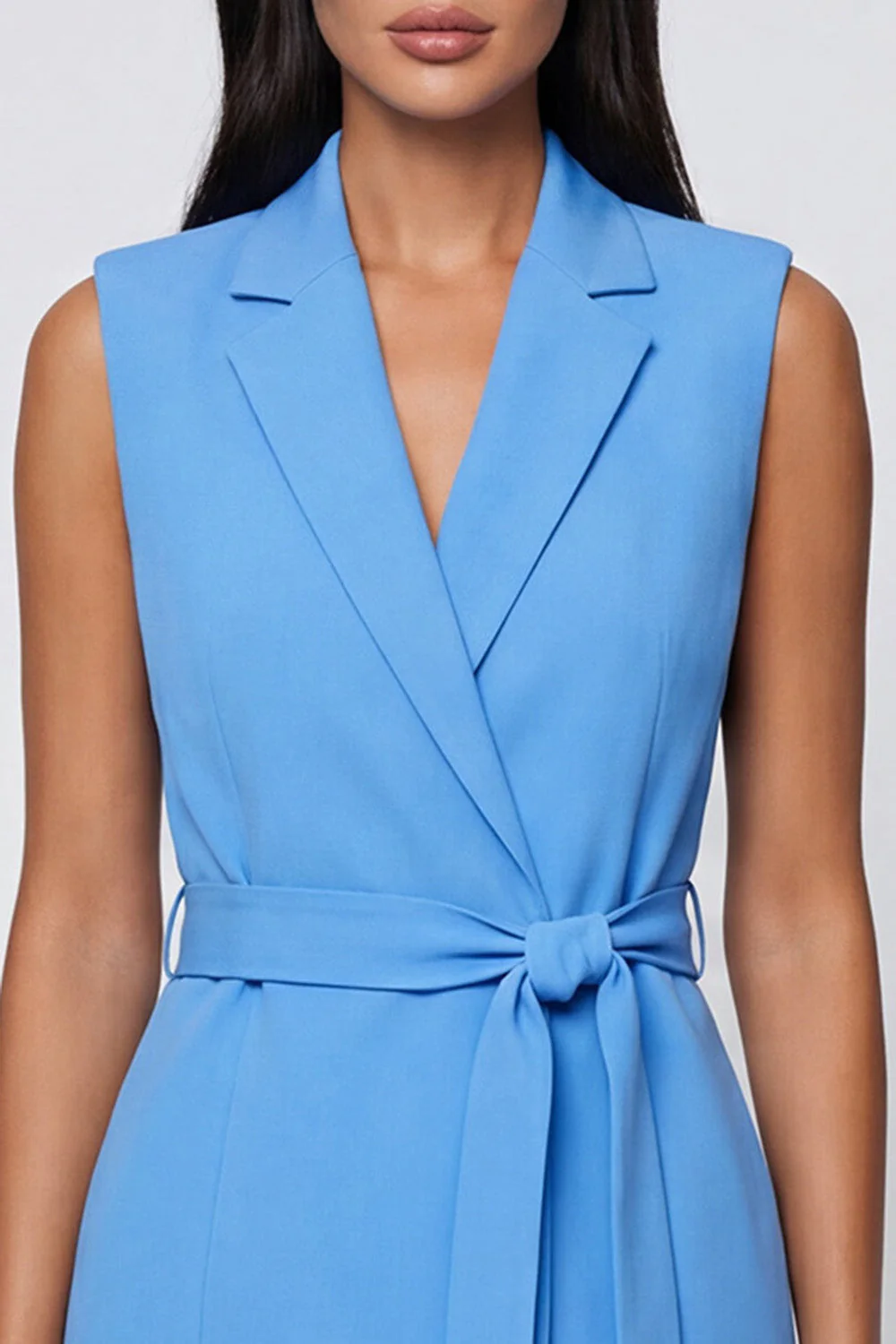 Blue Notched Lapel Sleeveless Short Work Dress with Belt - Image 3
