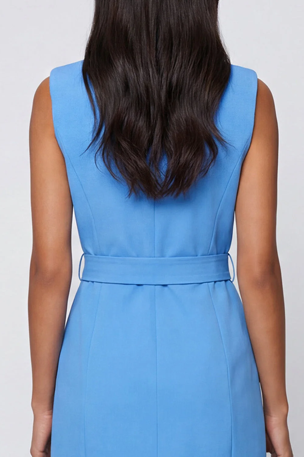 Blue Notched Lapel Sleeveless Short Work Dress with Belt - Image 4