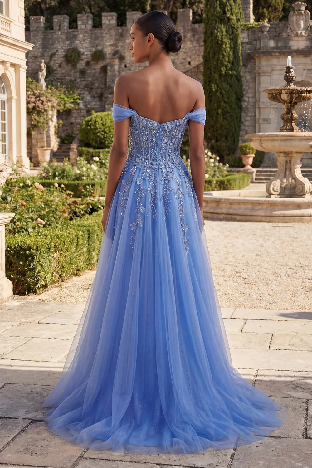 Blue Off The Shoulder Beaded A Line Basque Waist Corset Prom Dress with Slit - Image 2
