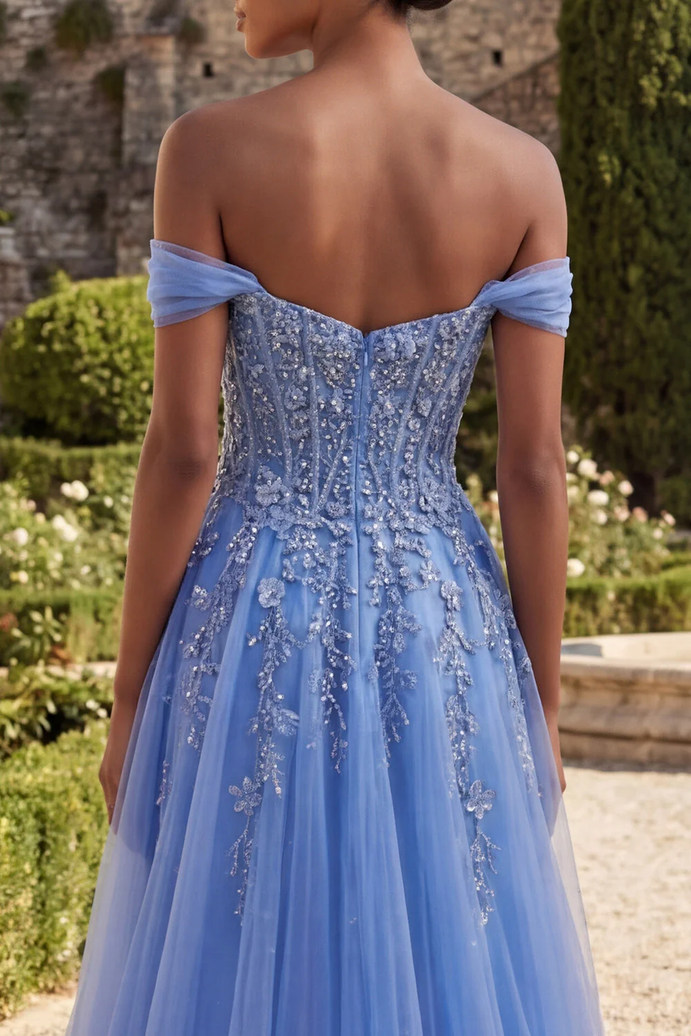 Blue Off The Shoulder Beaded A Line Basque Waist Corset Prom Dress with Slit - Image 4