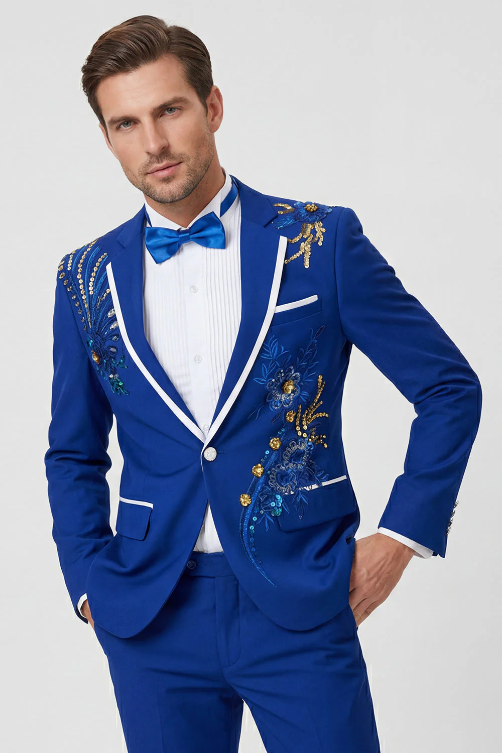 Blue Notched Lapel One Button Embroidered Men's Prom Suits - Image 3