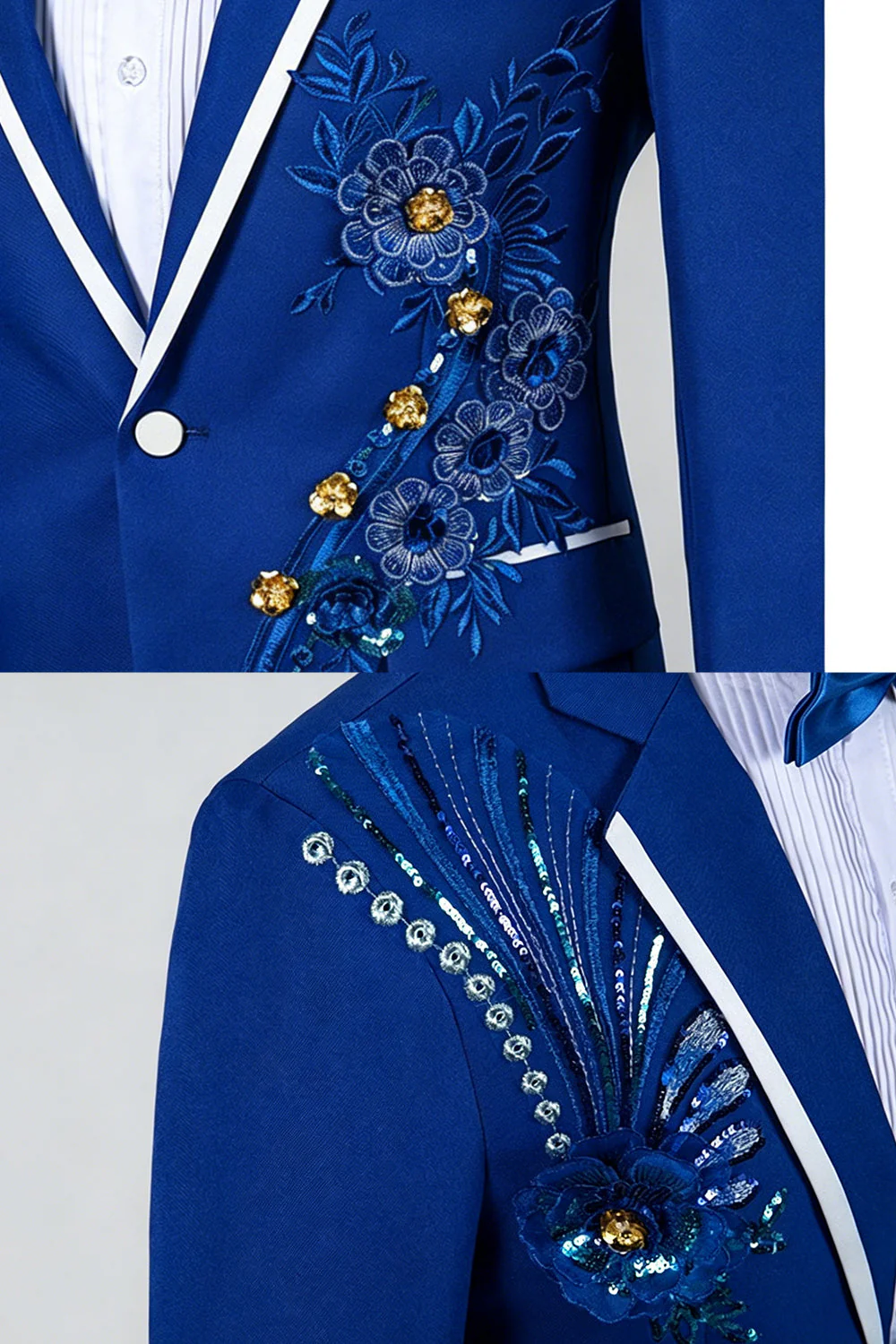 Blue Notched Lapel One Button Embroidered Men's Prom Suits - Image 4