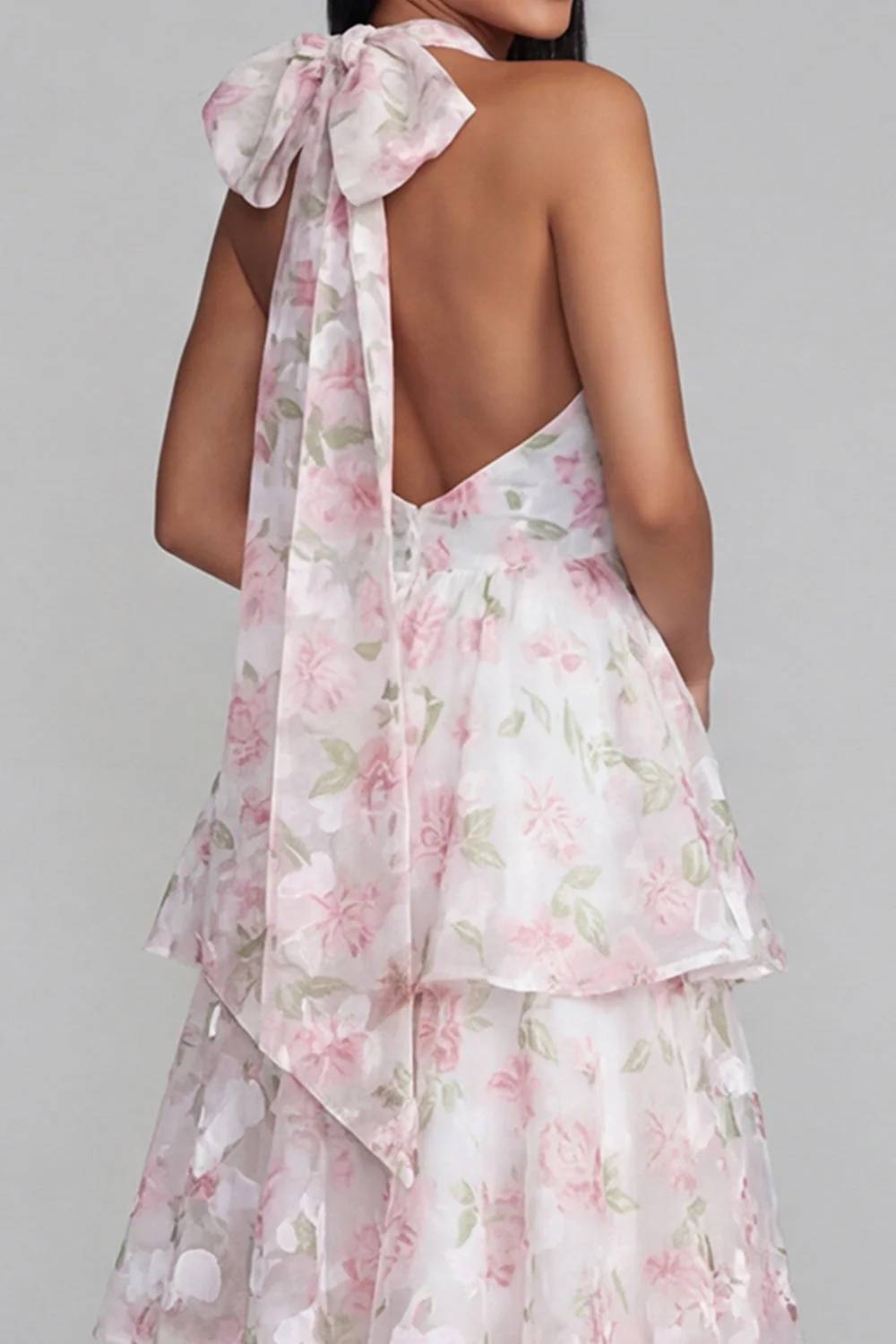 Blue Pink Flower Halter Neck Tiered Ruched Long Floral Dress with Bow - Image 10