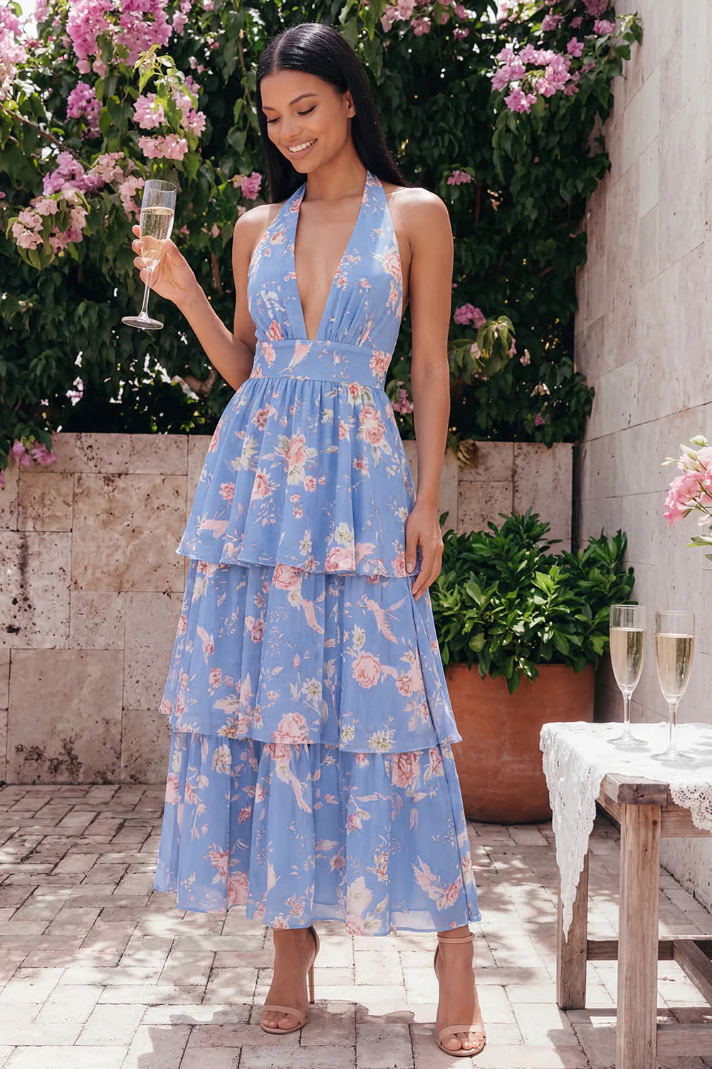 Blue Pink Flower Halter Neck Tiered Ruched Long Floral Dress with Bow - Image 2