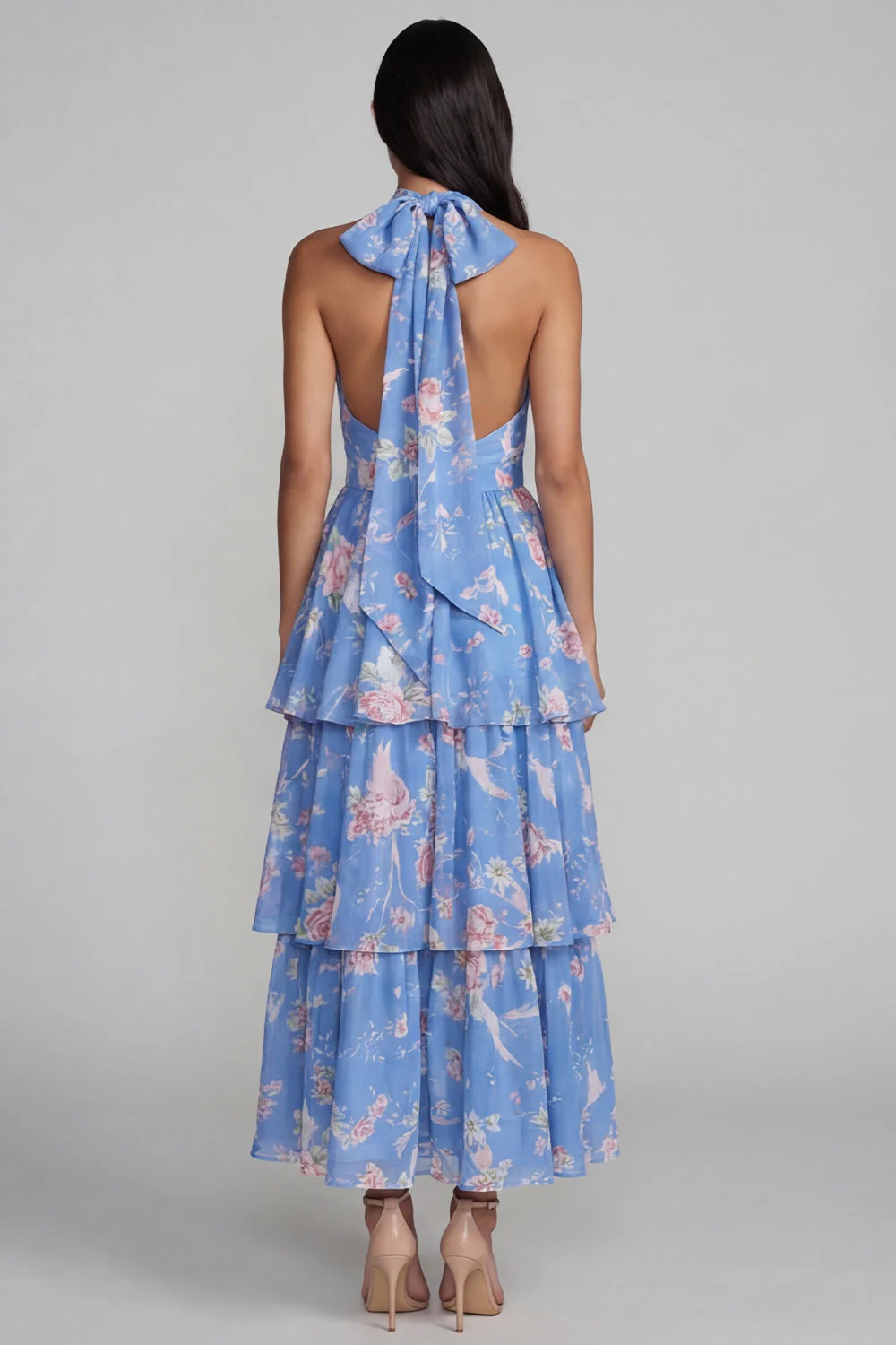 Blue Pink Flower Halter Neck Tiered Ruched Long Floral Dress with Bow - Image 3