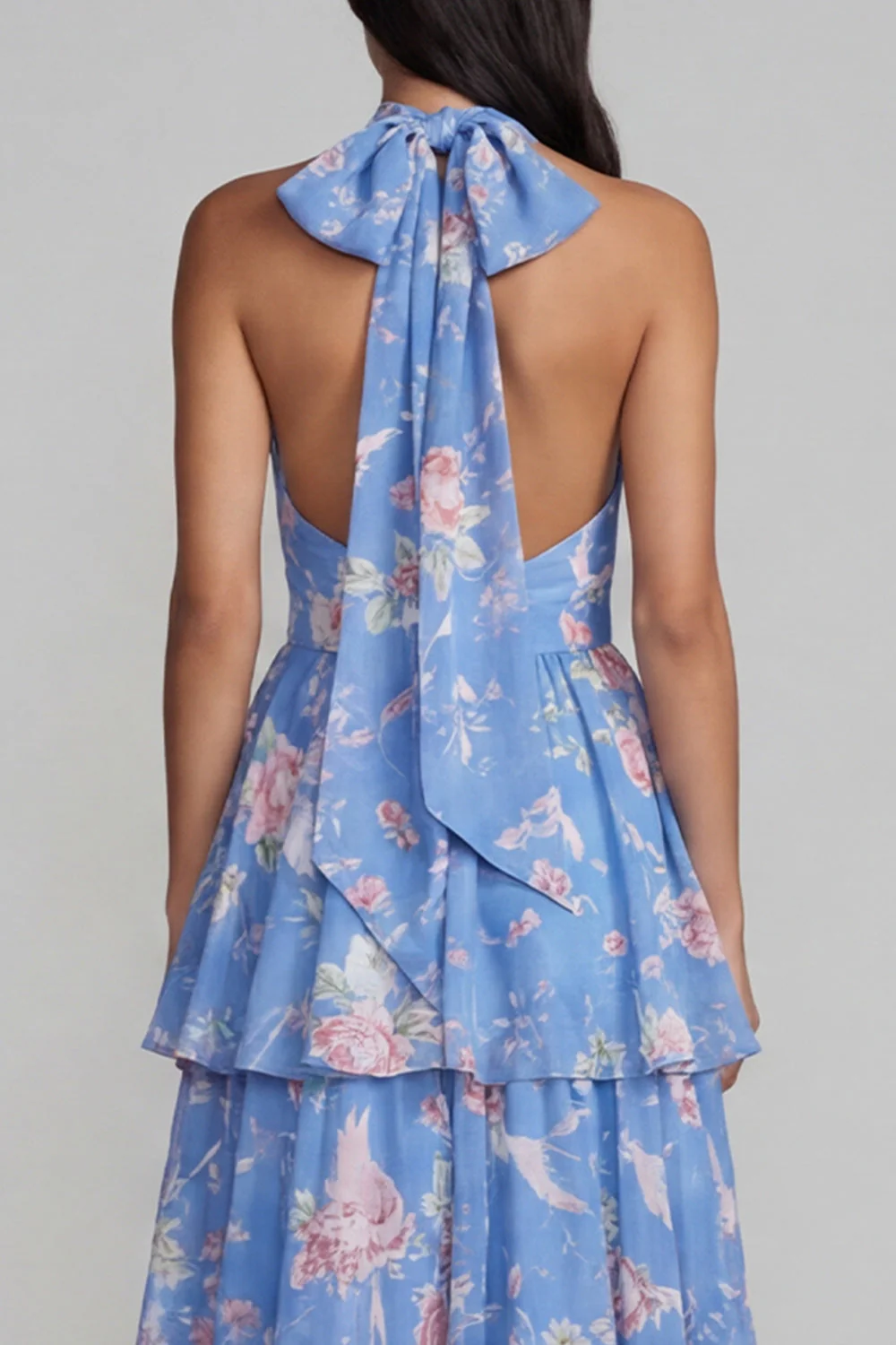 Blue Pink Flower Halter Neck Tiered Ruched Long Floral Dress with Bow - Image 5