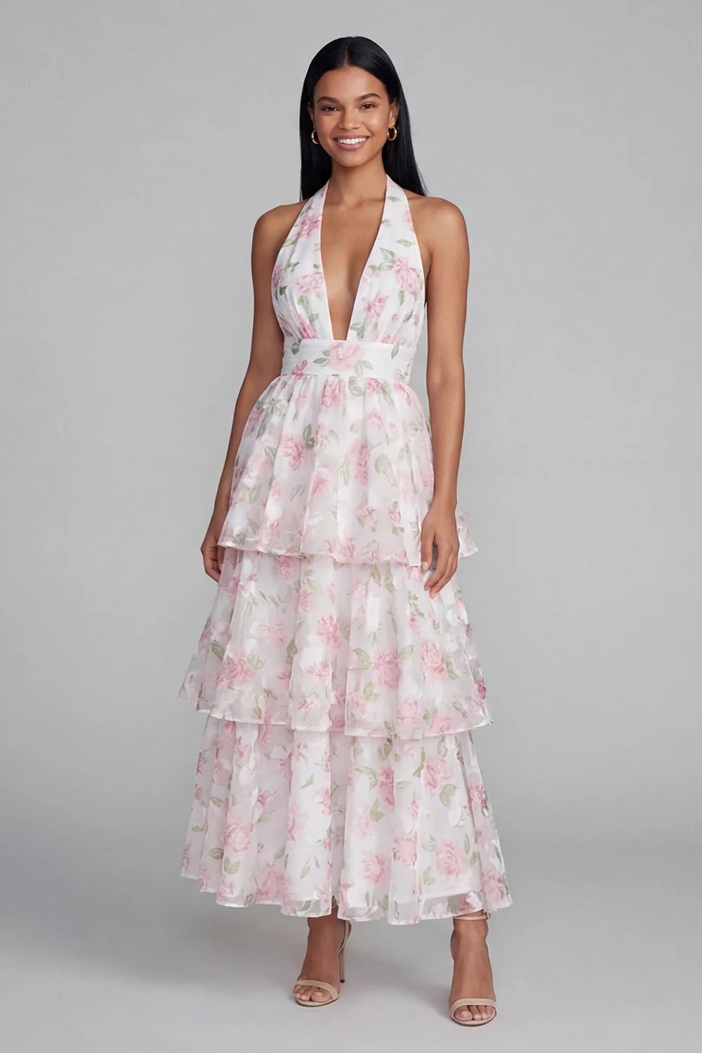 Blue Pink Flower Halter Neck Tiered Ruched Long Floral Dress with Bow - Image 6