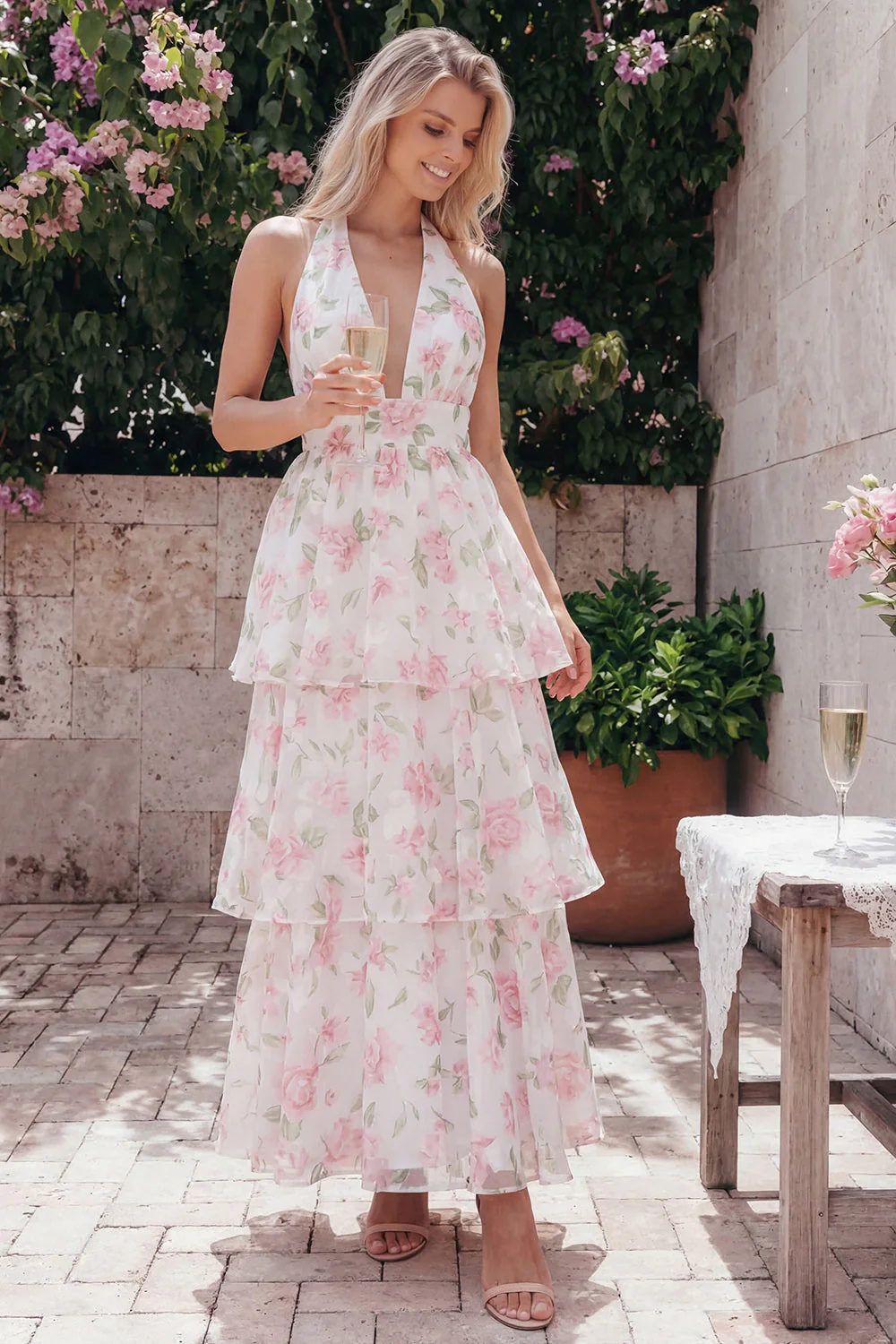 Blue Pink Flower Halter Neck Tiered Ruched Long Floral Dress with Bow - Image 7
