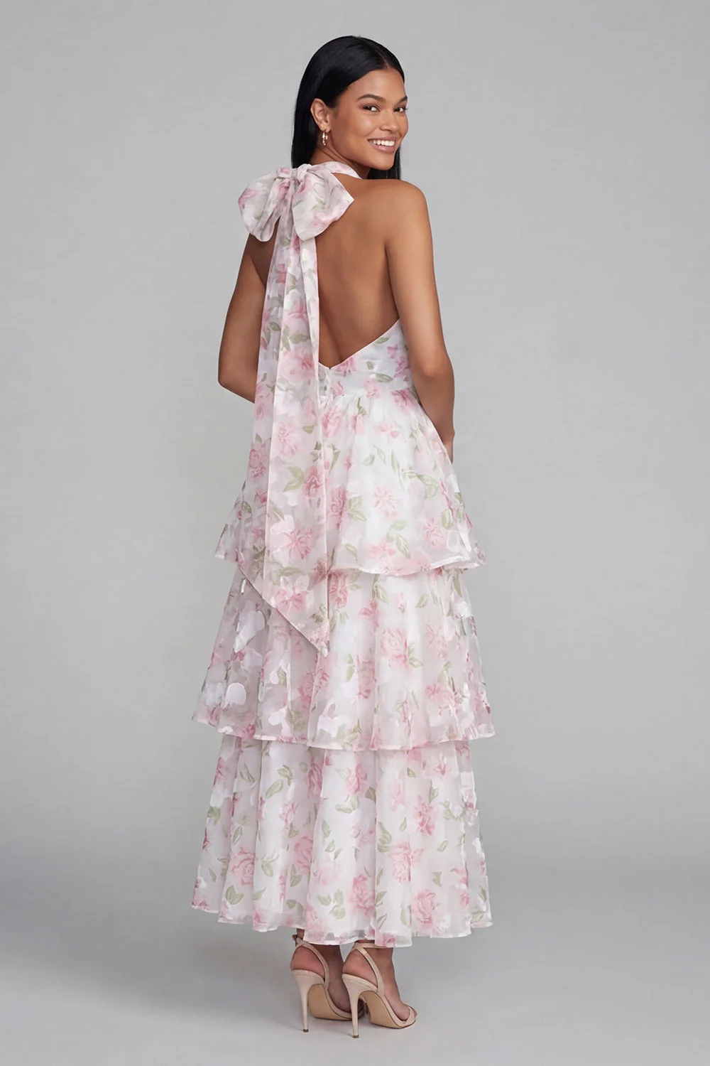 Blue Pink Flower Halter Neck Tiered Ruched Long Floral Dress with Bow - Image 8