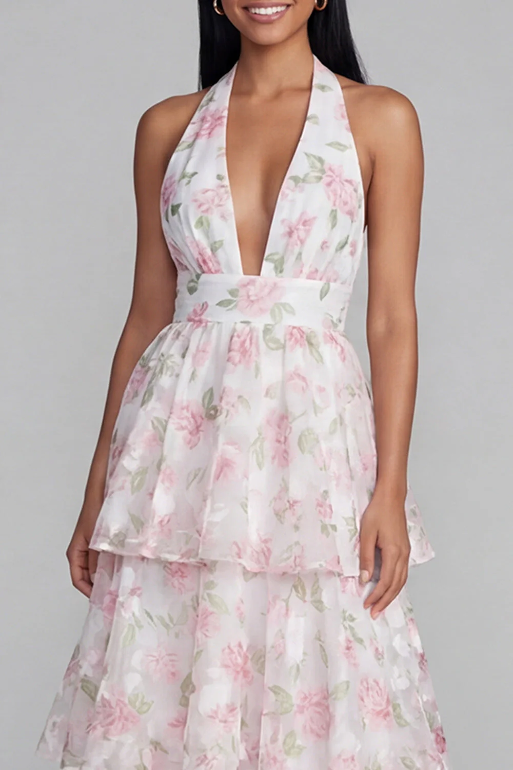 Blue Pink Flower Halter Neck Tiered Ruched Long Floral Dress with Bow - Image 9