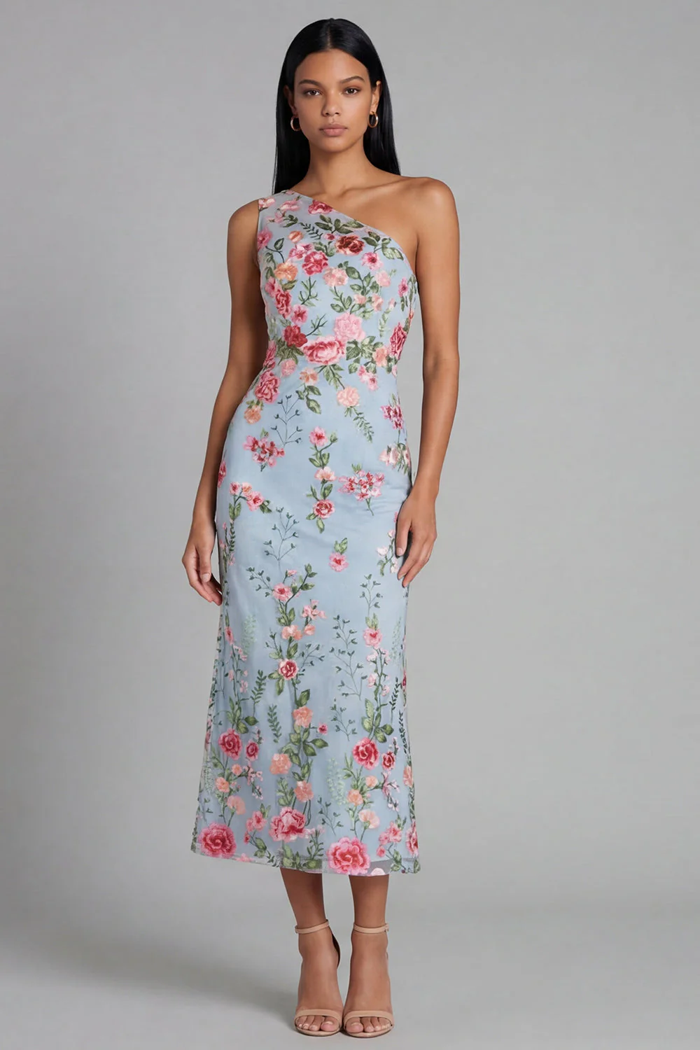 Blue Pink Flower Tulle One Shoulder Sheath Floral Midi Dress