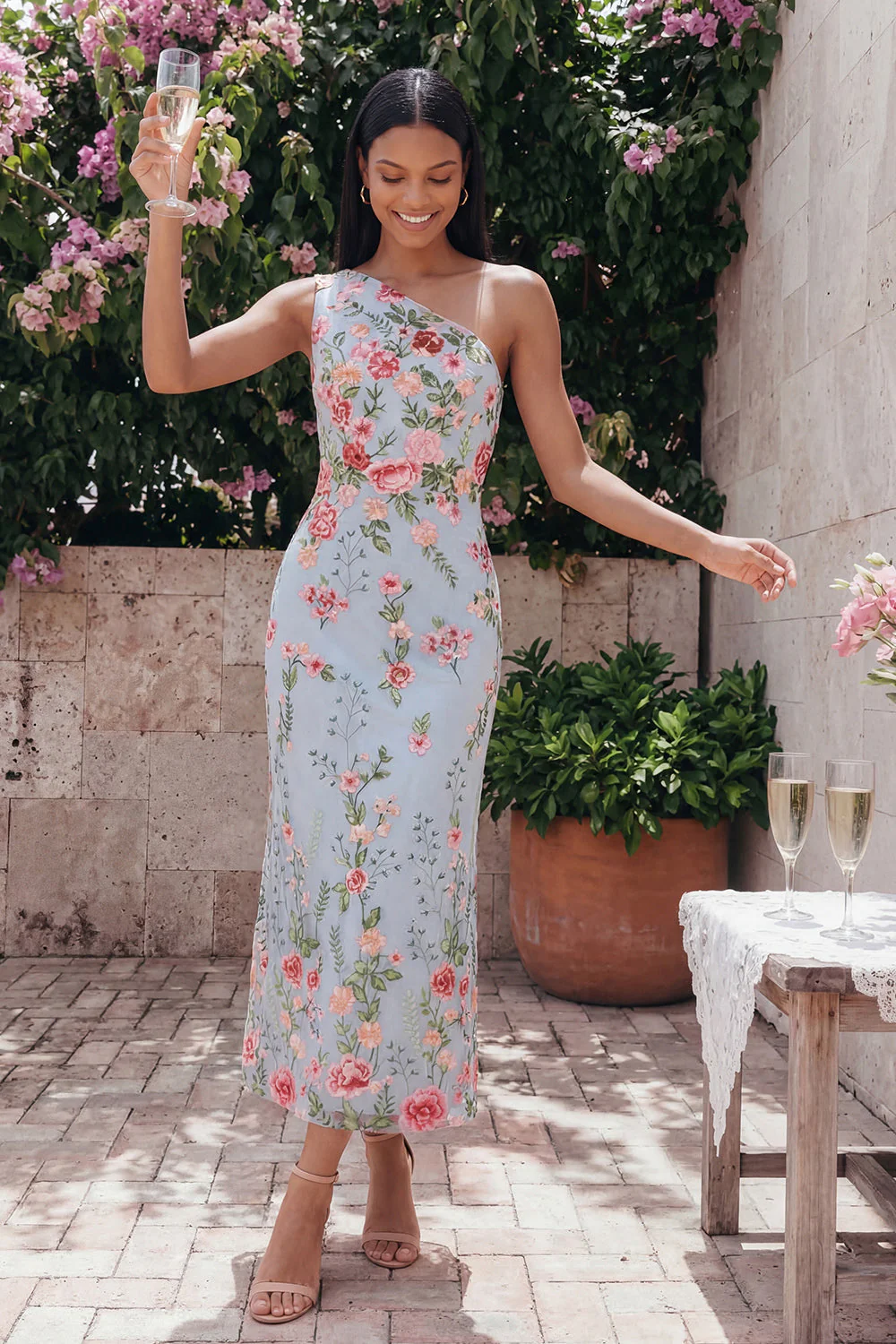 Blue Pink Flower Tulle One Shoulder Sheath Floral Midi Dress - Image 2