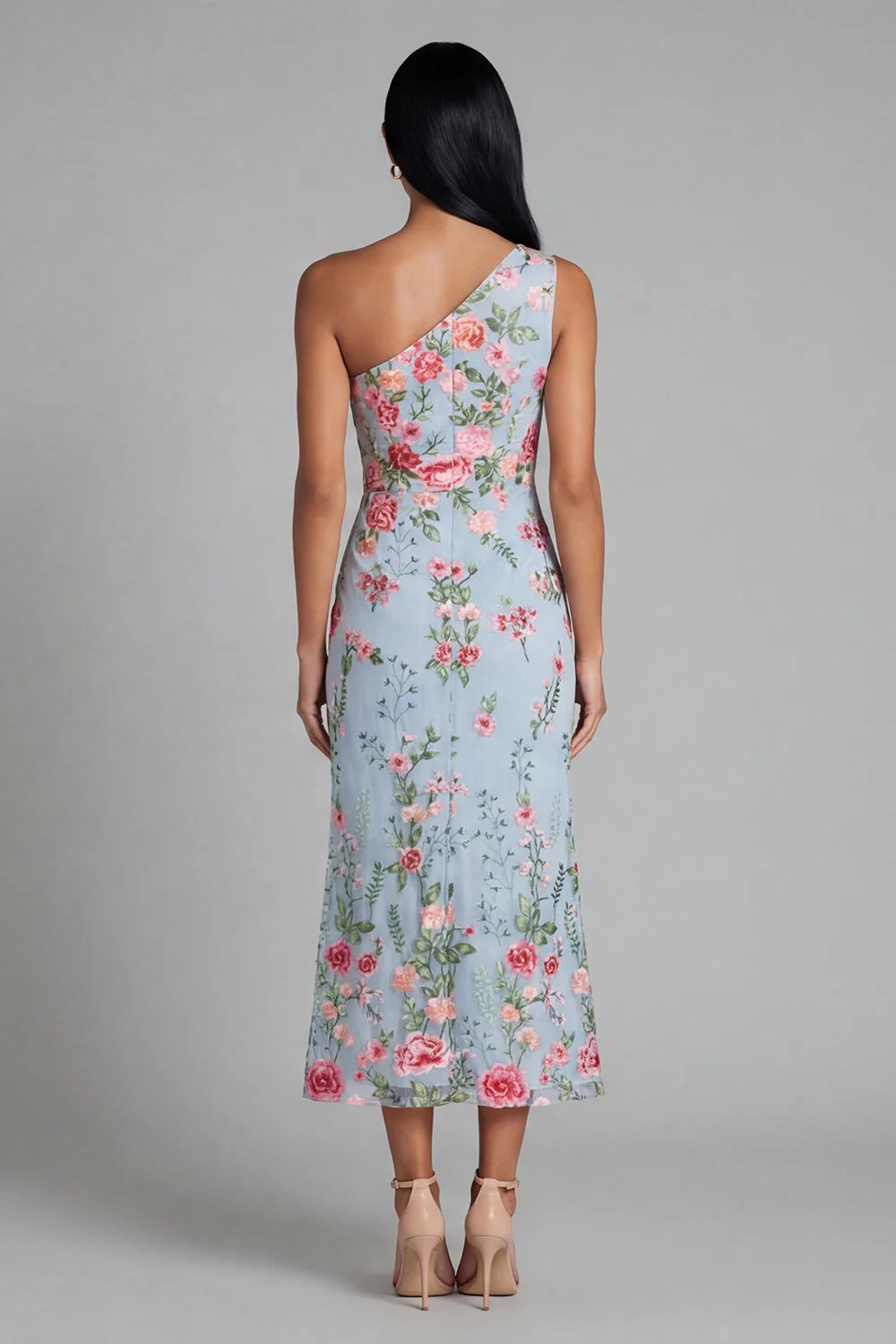 Blue Pink Flower Tulle One Shoulder Sheath Floral Midi Dress - Image 3