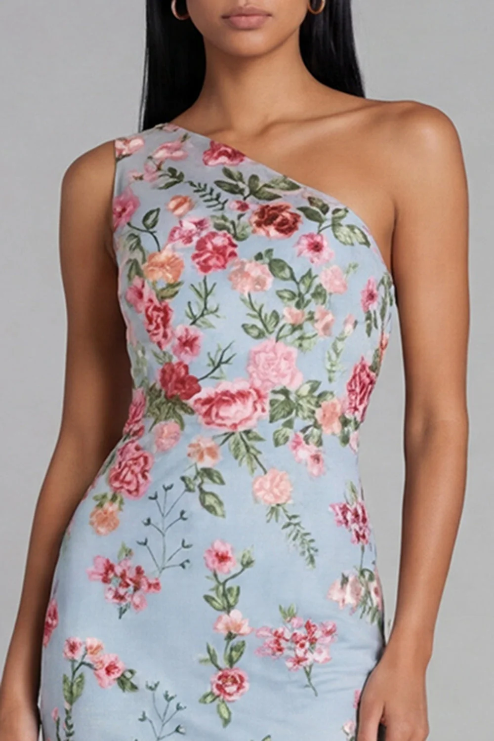 Blue Pink Flower Tulle One Shoulder Sheath Floral Midi Dress - Image 4