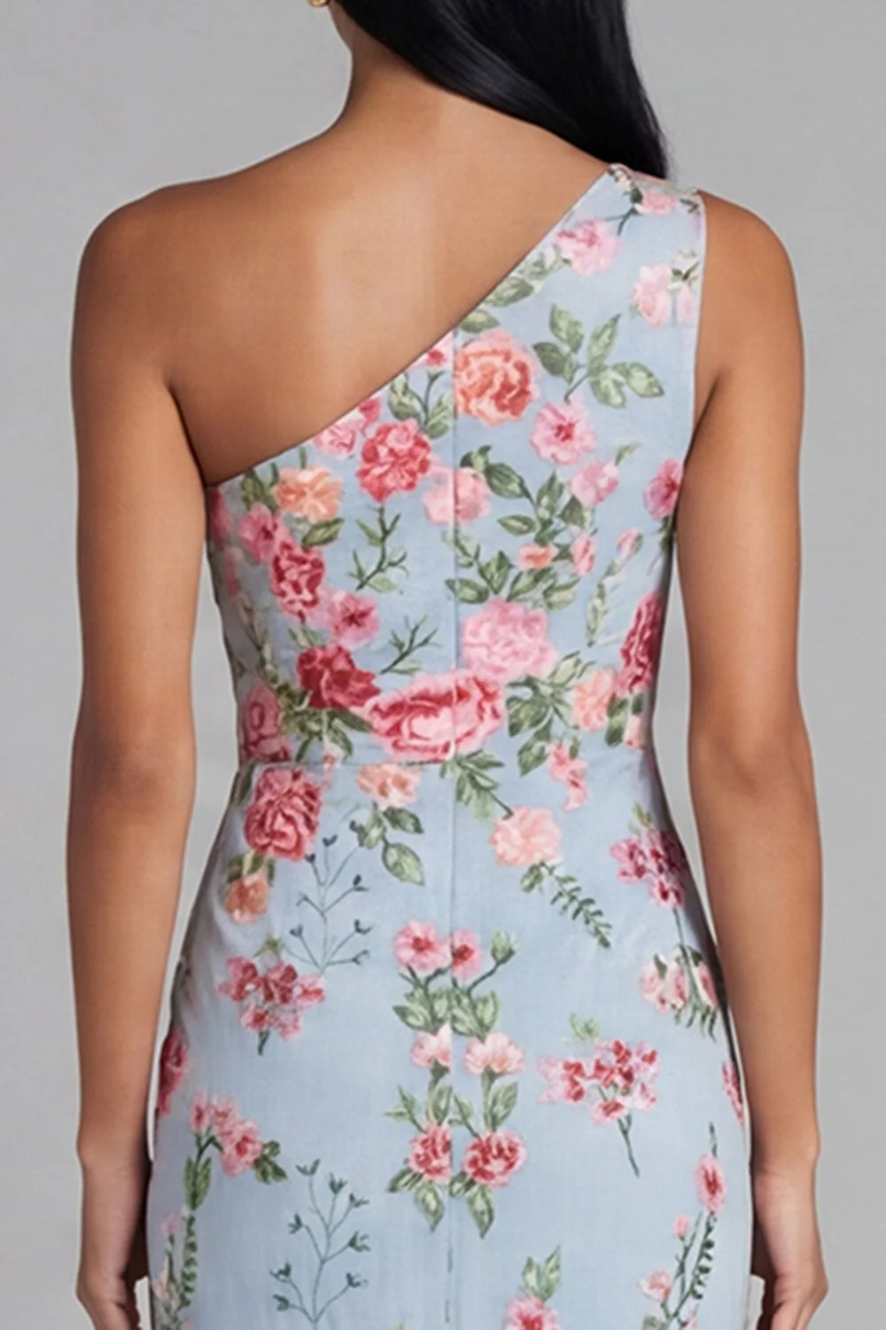 Blue Pink Flower Tulle One Shoulder Sheath Floral Midi Dress - Image 5