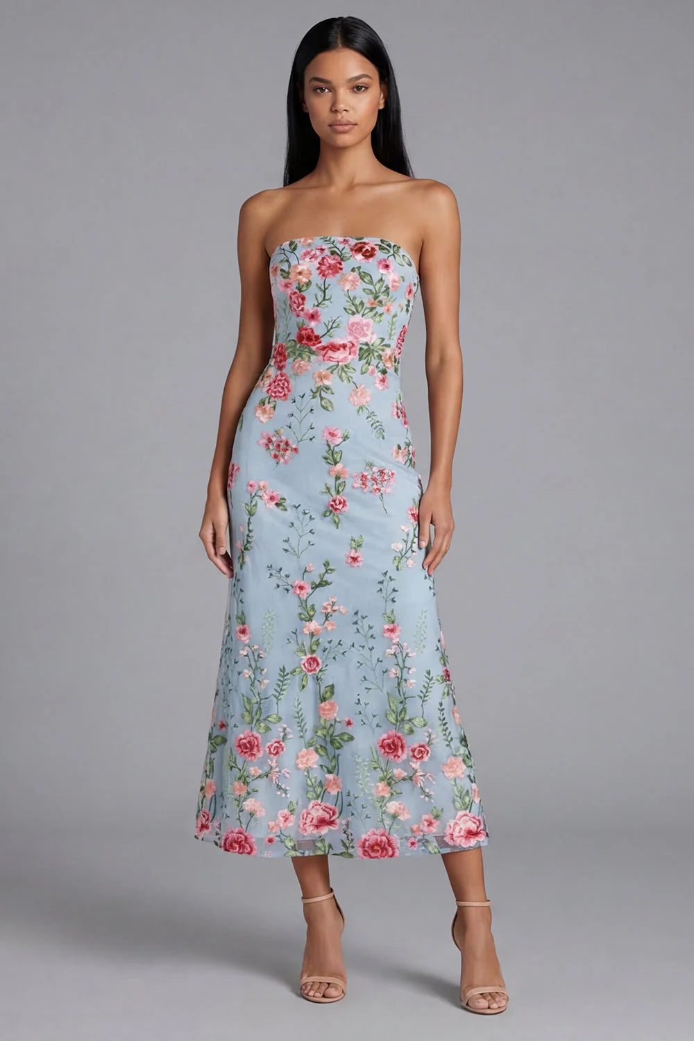 Blue Pink Flower Tulle Strapless Sheath Floral Midi Dress
