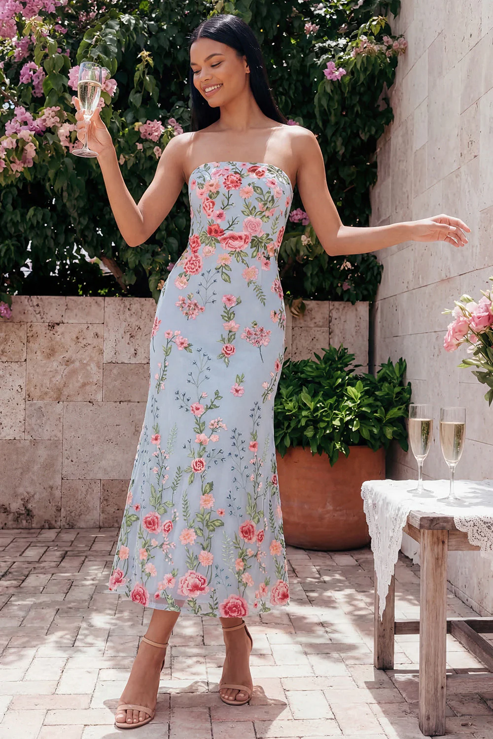 Blue Pink Flower Tulle Strapless Sheath Floral Midi Dress - Image 2