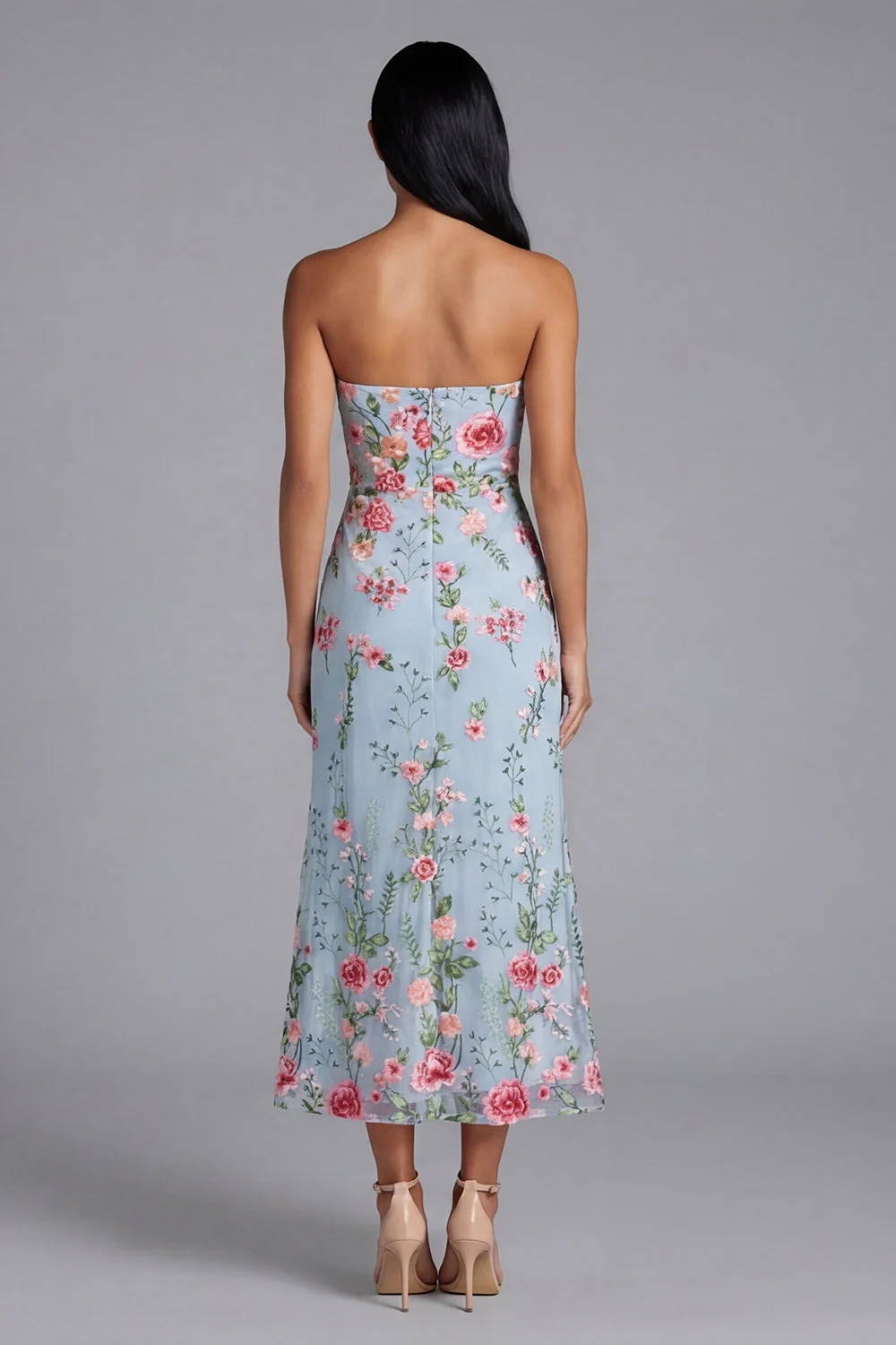 Blue Pink Flower Tulle Strapless Sheath Floral Midi Dress - Image 3