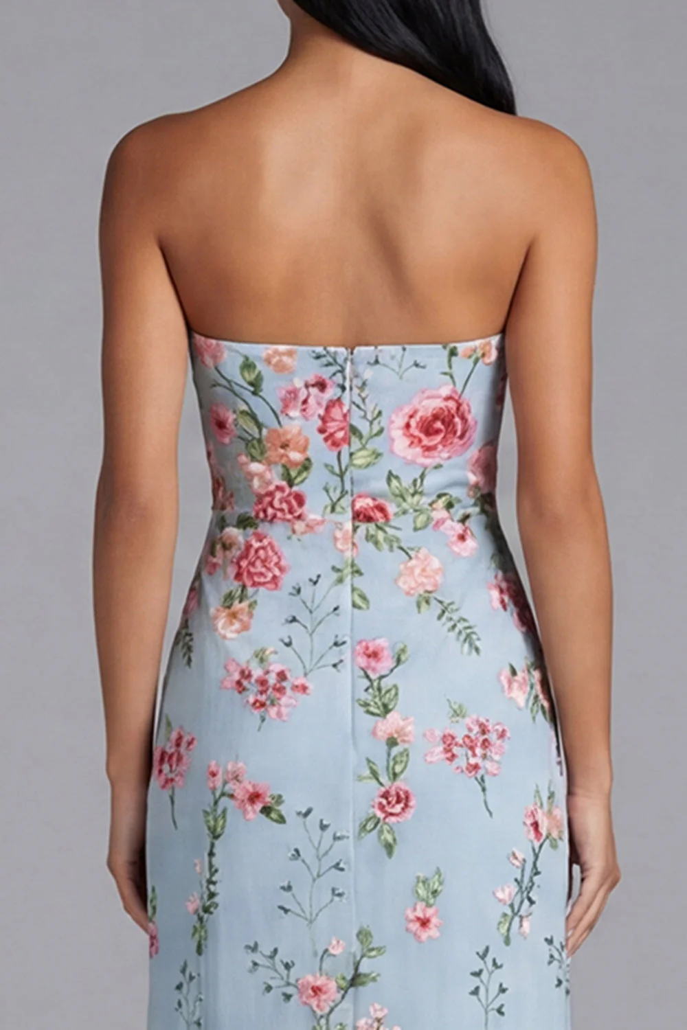 Blue Pink Flower Tulle Strapless Sheath Floral Midi Dress - Image 5