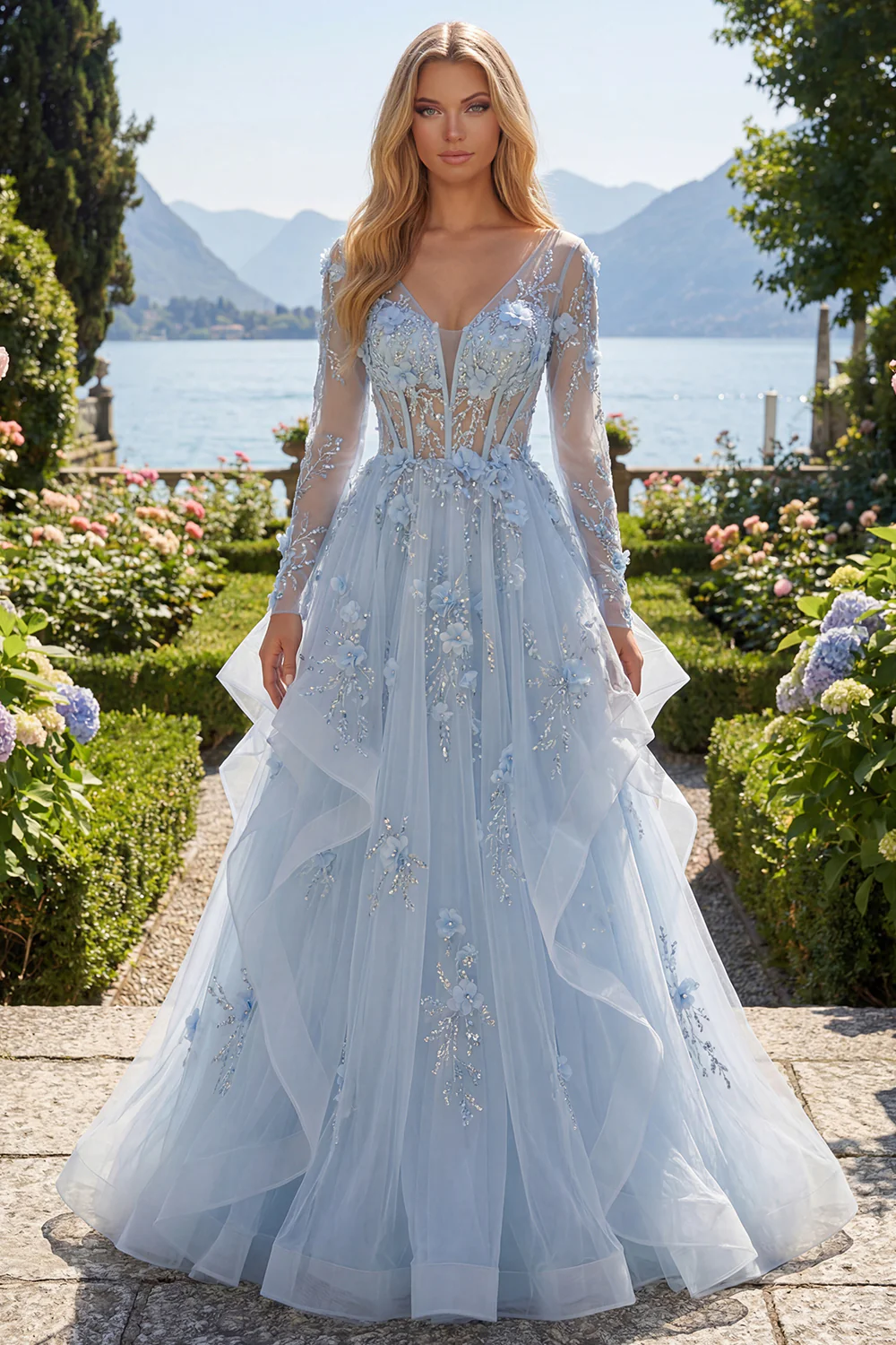 Blue Ruffled A Line Sheer Corset Long Sleeves Prom Dress with 3D Flowers