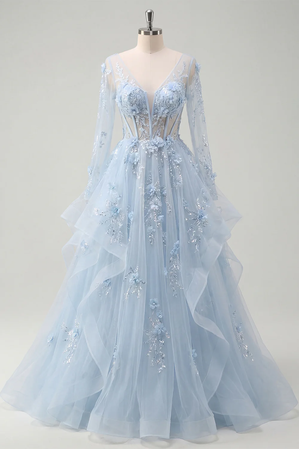 Blue Ruffled A Line Sheer Corset Long Sleeves Prom Dress with 3D Flowers - Image 3