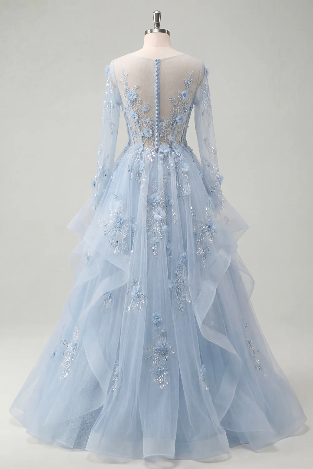 Blue Ruffled A Line Sheer Corset Long Sleeves Prom Dress with 3D Flowers - Image 4