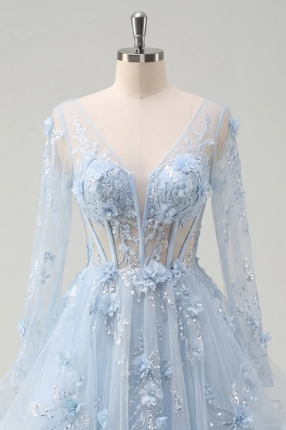 Blue Ruffled A Line Sheer Corset Long Sleeves Prom Dress with 3D Flowers - Image 5