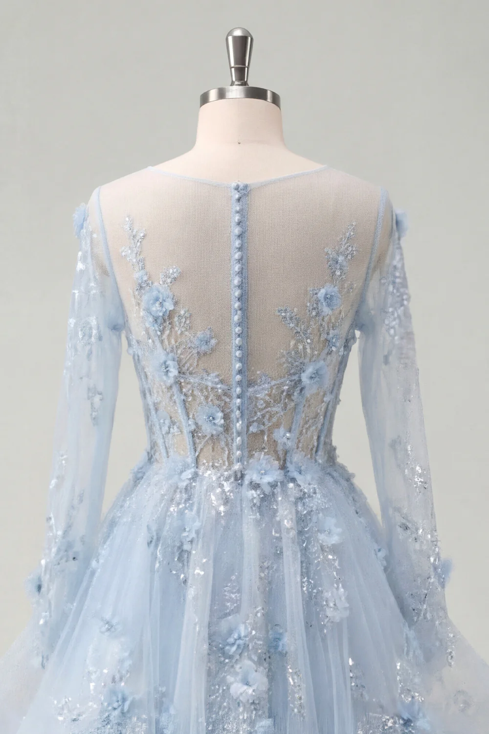 Blue Ruffled A Line Sheer Corset Long Sleeves Prom Dress with 3D Flowers - Image 6