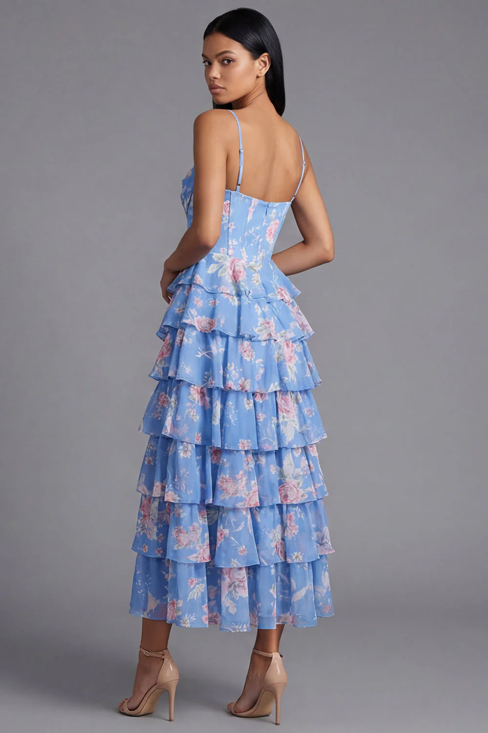Blue Sheath Corset Tiered Chiffon Ruched Floral Print Midi Dress with Slit - Image 3