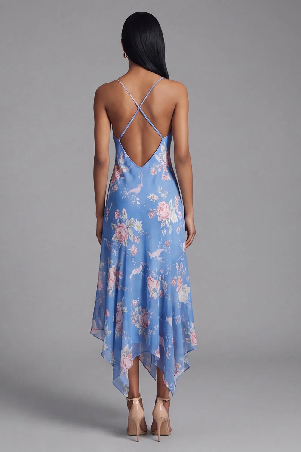 Blue Sheath Printed Floral Chiffon Asymmetrical Midi Dress - Image 3