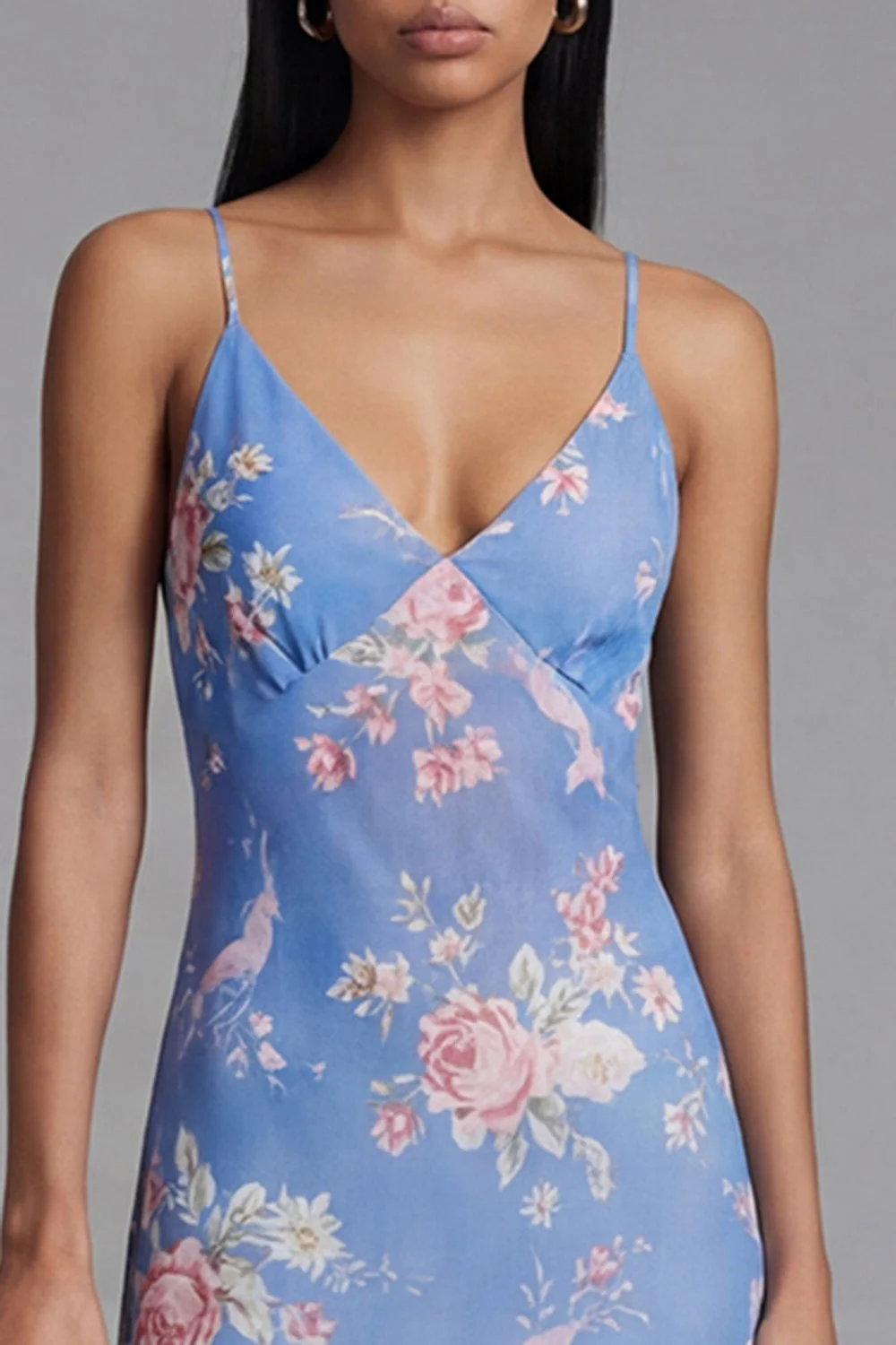 Blue Sheath Printed Floral Chiffon Asymmetrical Midi Dress - Image 4