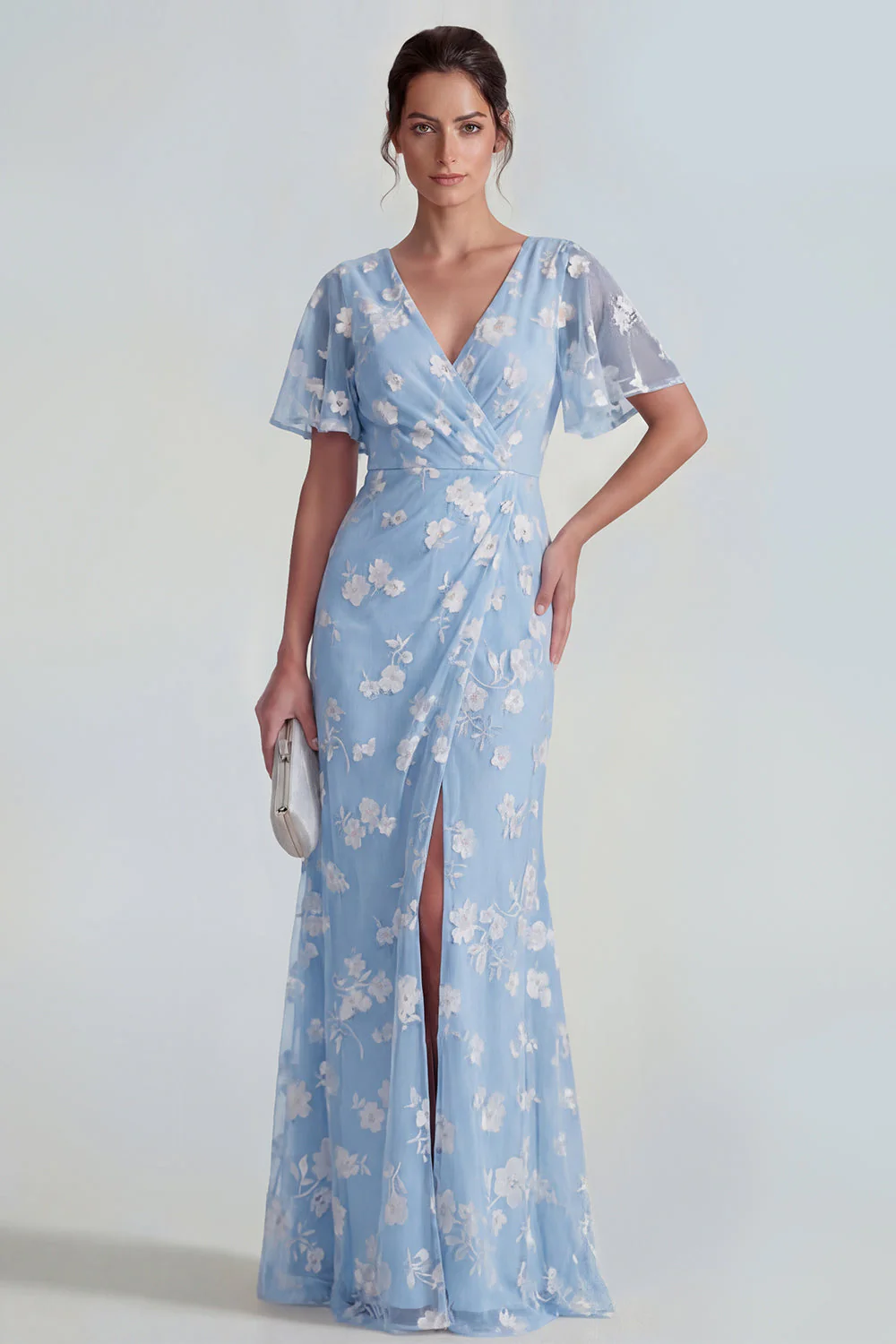 Blue Sheath Short Sleeves Long Floral Dress with Slit