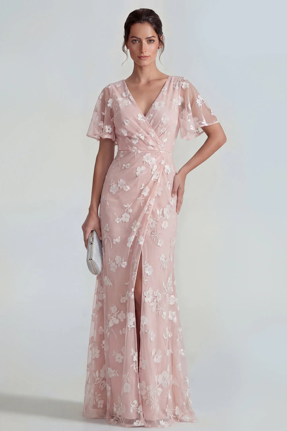 Blue Sheath Short Sleeves Long Floral Dress with Slit - Image 10