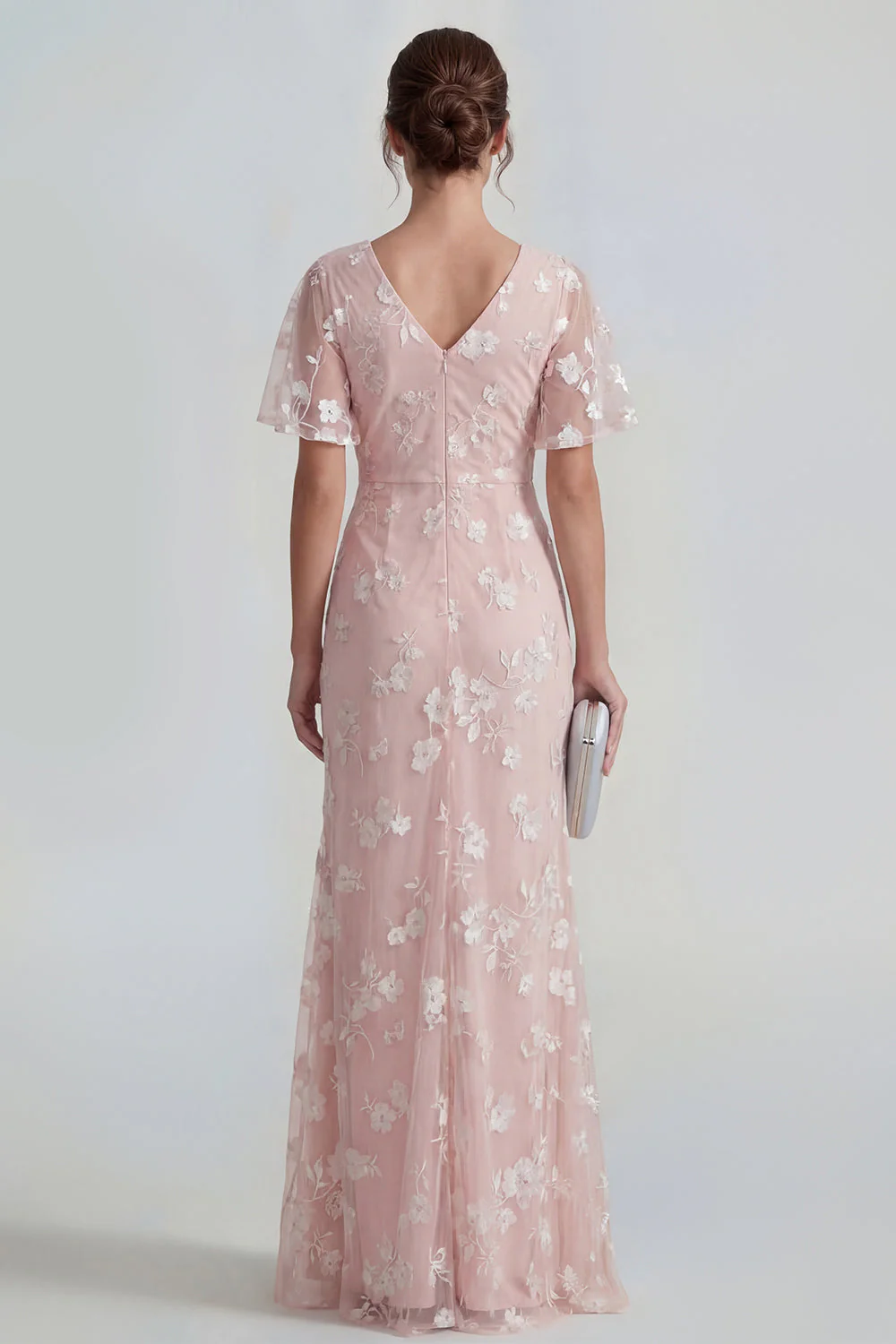 Blue Sheath Short Sleeves Long Floral Dress with Slit - Image 11