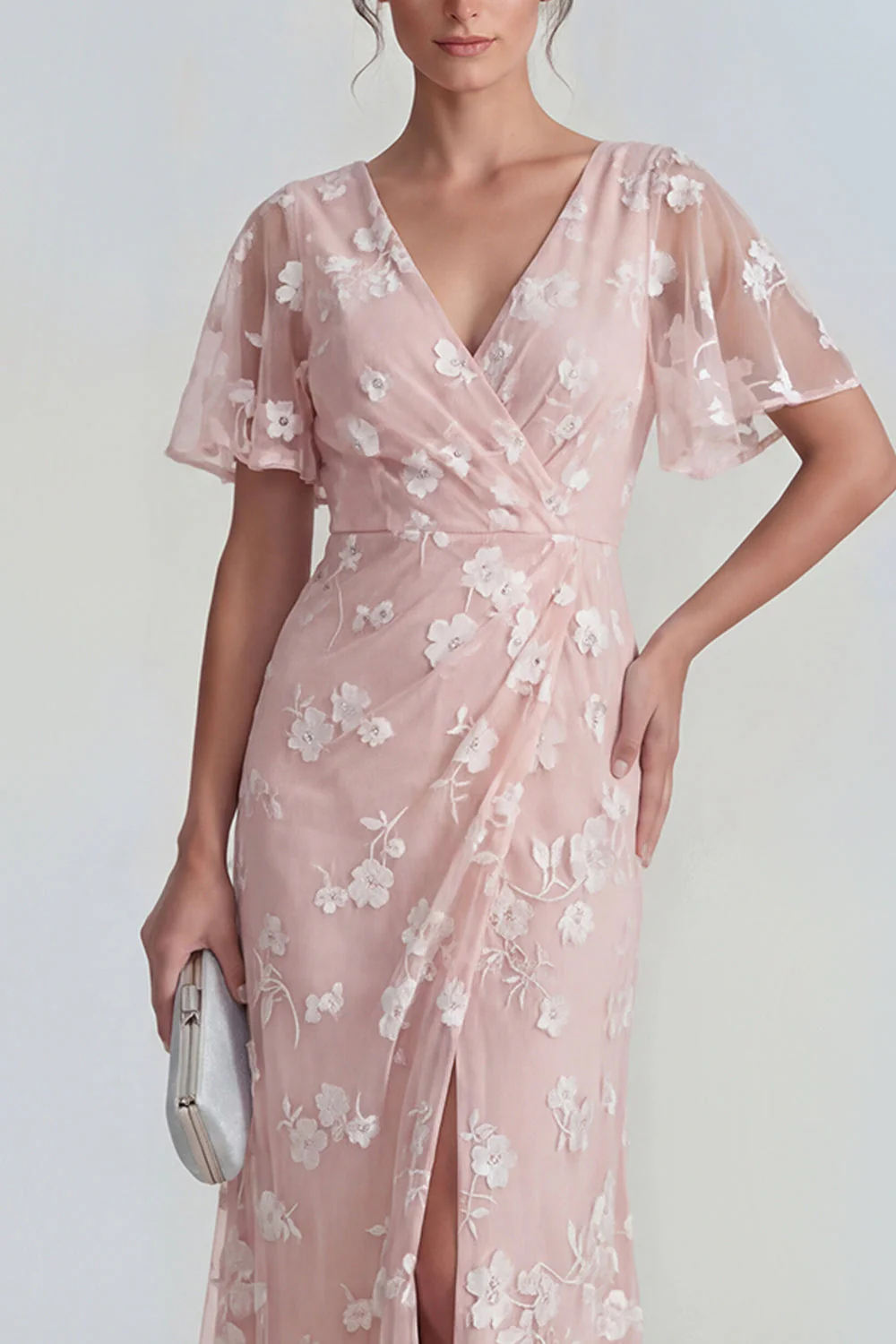 Blue Sheath Short Sleeves Long Floral Dress with Slit - Image 12