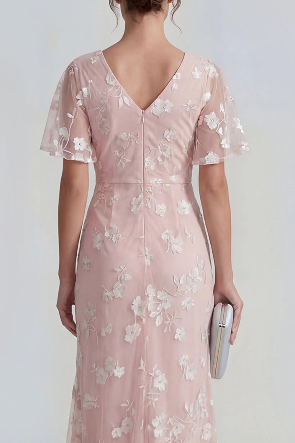 Blue Sheath Short Sleeves Long Floral Dress with Slit - Image 13