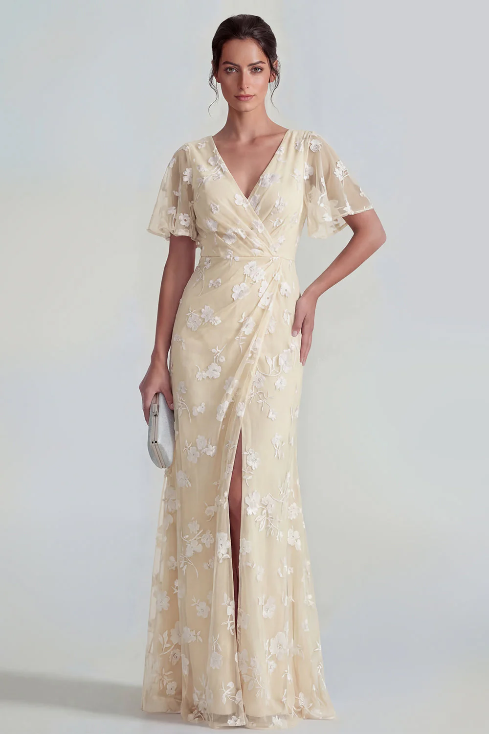 Blue Sheath Short Sleeves Long Floral Dress with Slit - Image 14