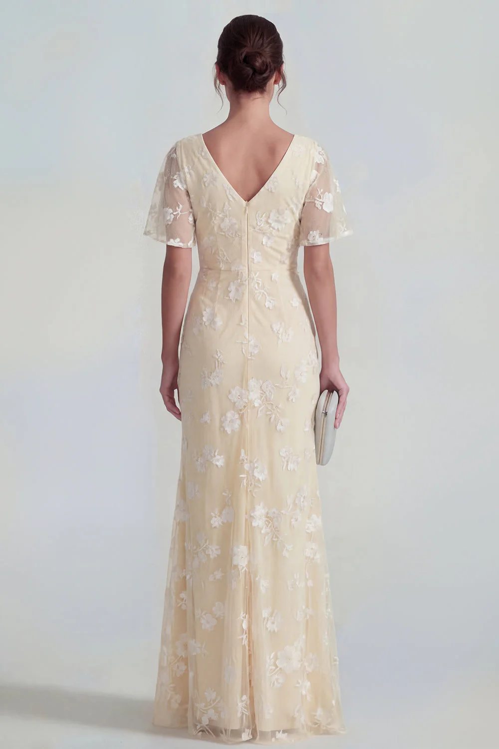 Blue Sheath Short Sleeves Long Floral Dress with Slit - Image 15