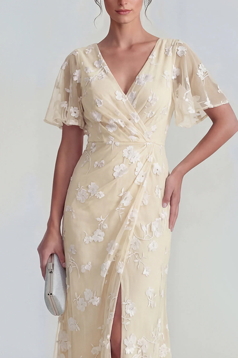 Blue Sheath Short Sleeves Long Floral Dress with Slit - Image 16