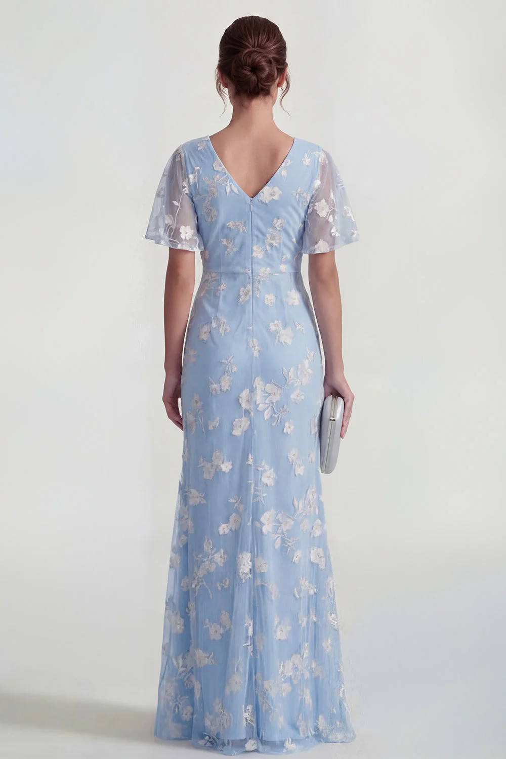 Blue Sheath Short Sleeves Long Floral Dress with Slit - Image 2